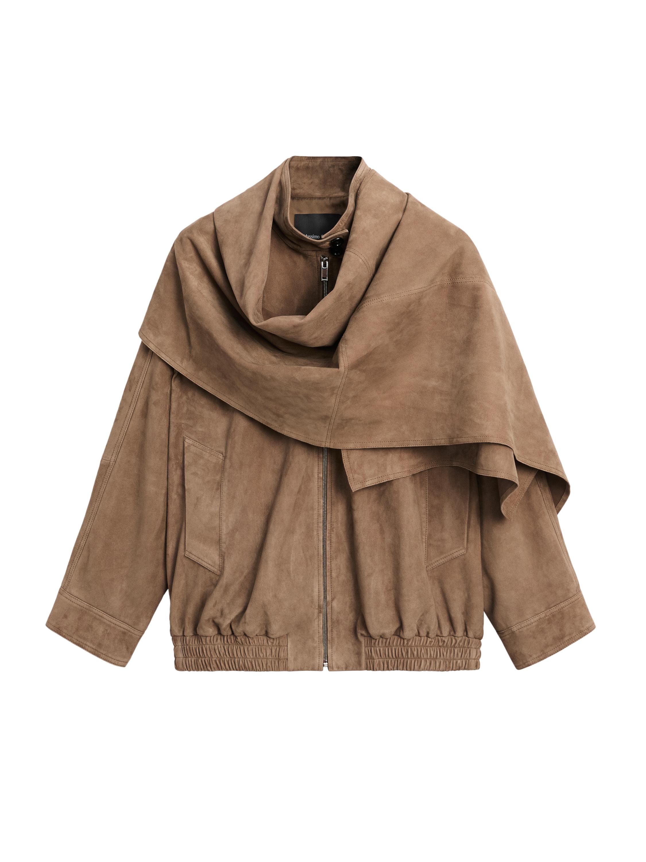 Şal detaylı süet deri bomber ceket