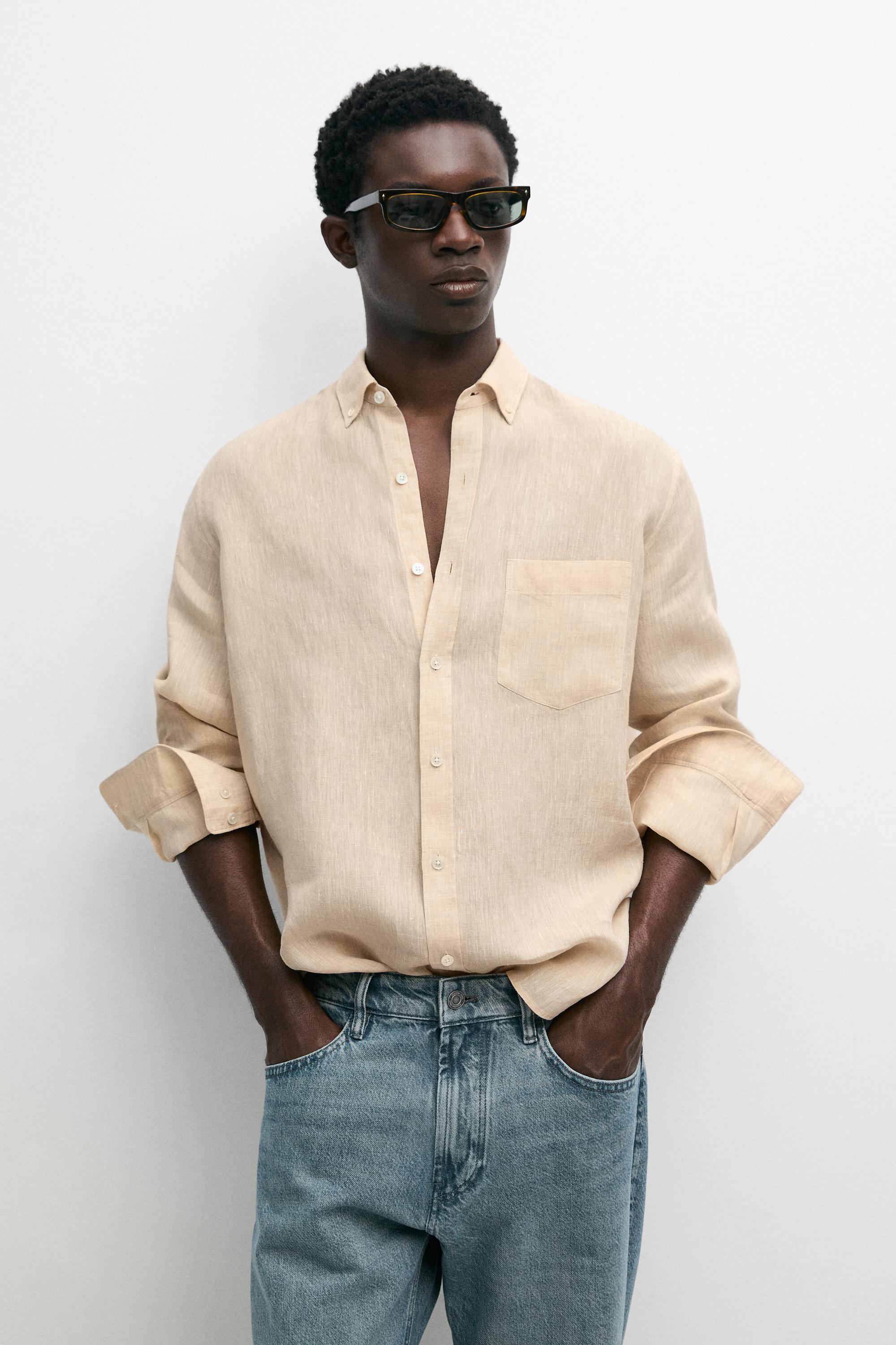 Regular fit 100% linen patch pocket shirt — DARK ORANGE