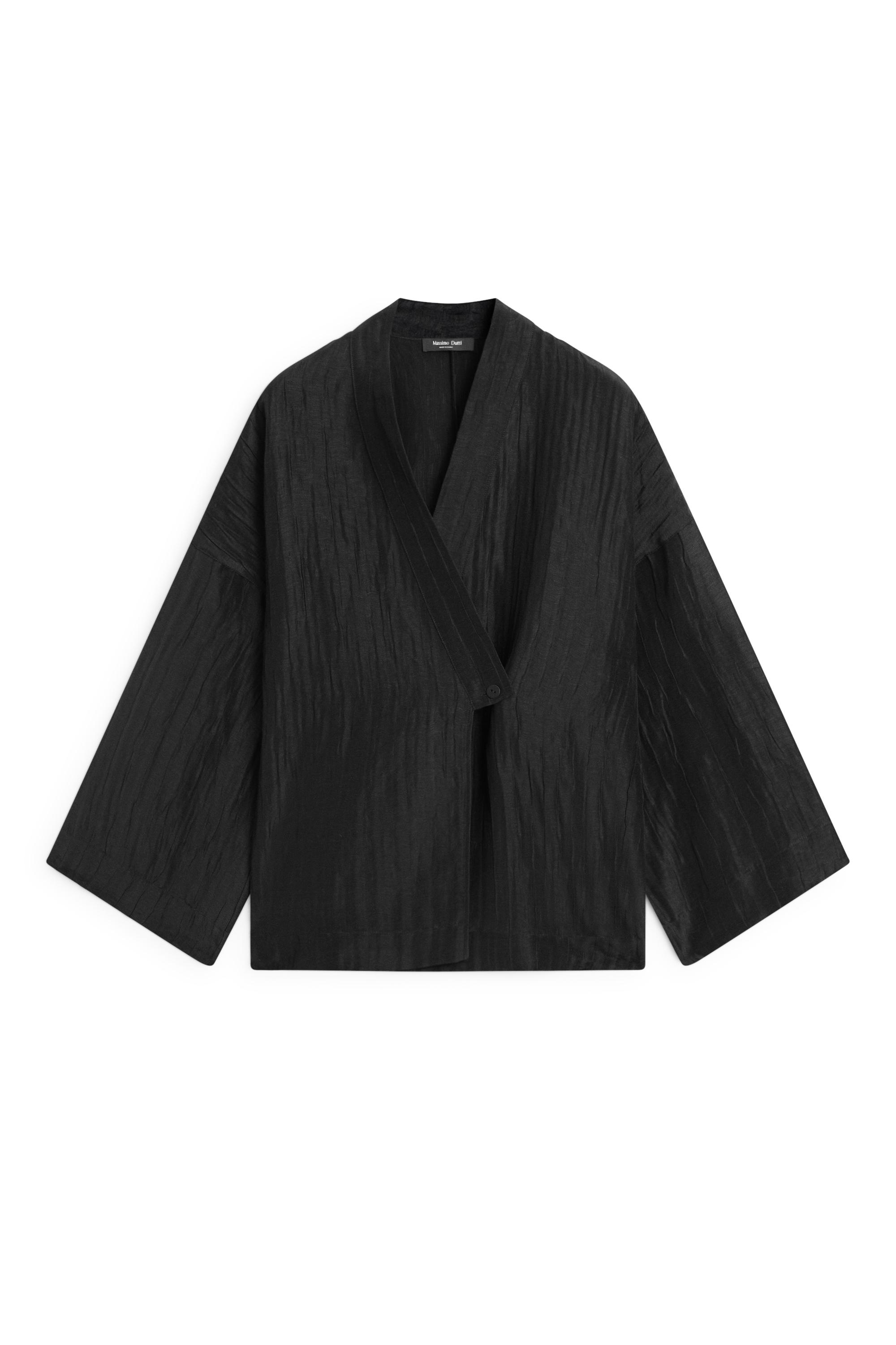 Textured linen blend V-neck kimono — BLACK