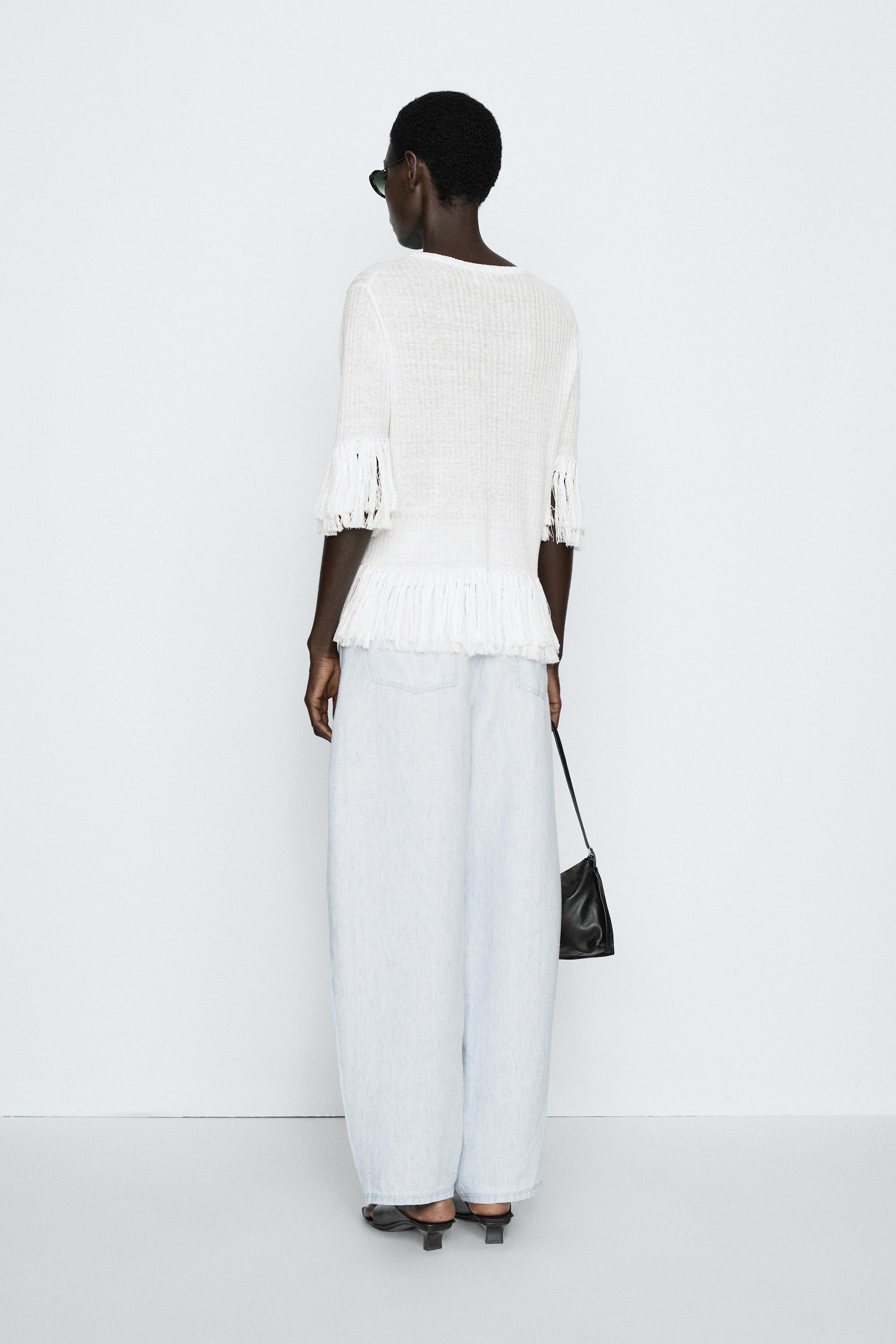 Fringe detail knit sweater - STUDIO — WHITE