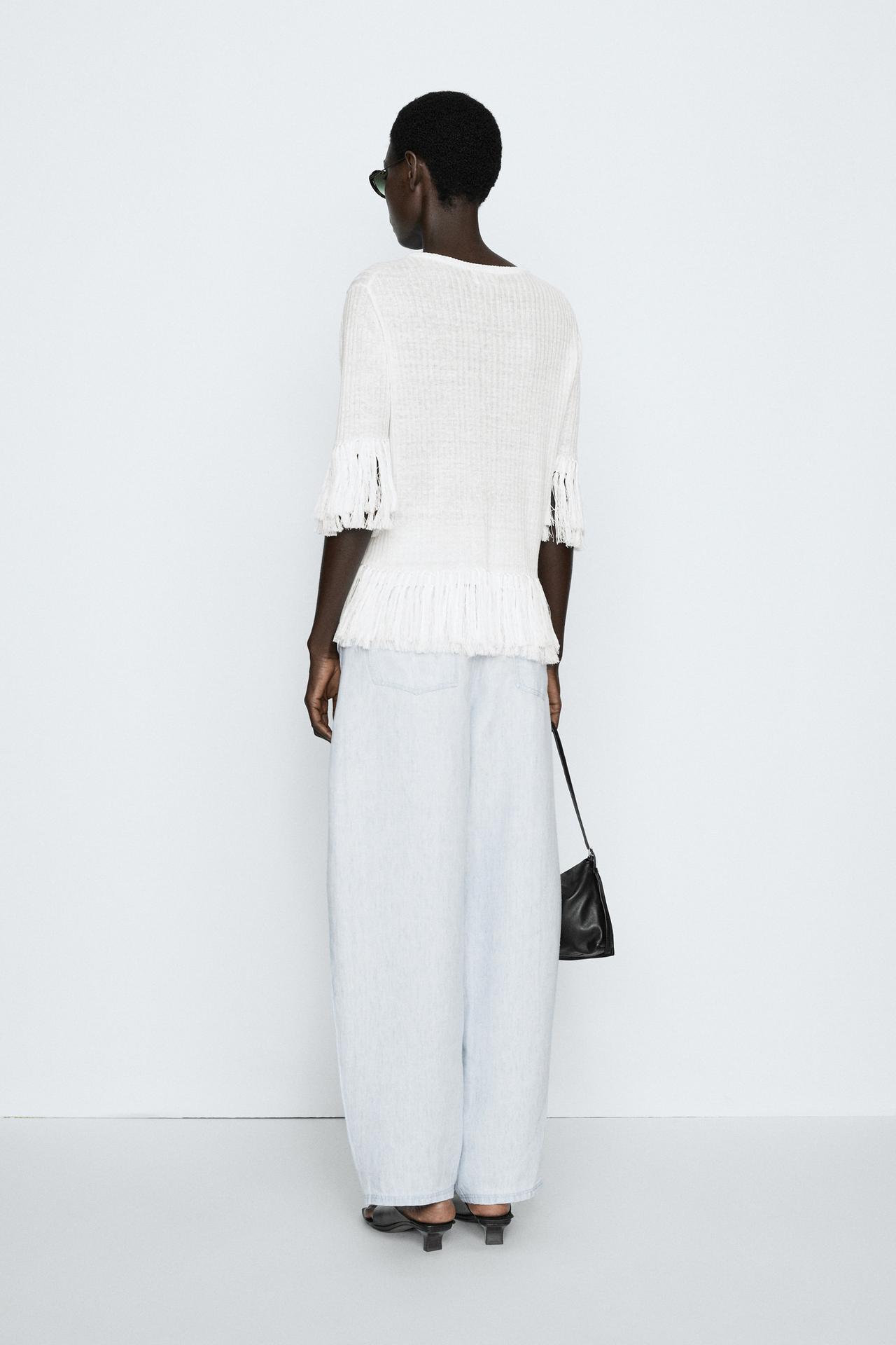 Fringe detail knit sweater - STUDIO — WHITE