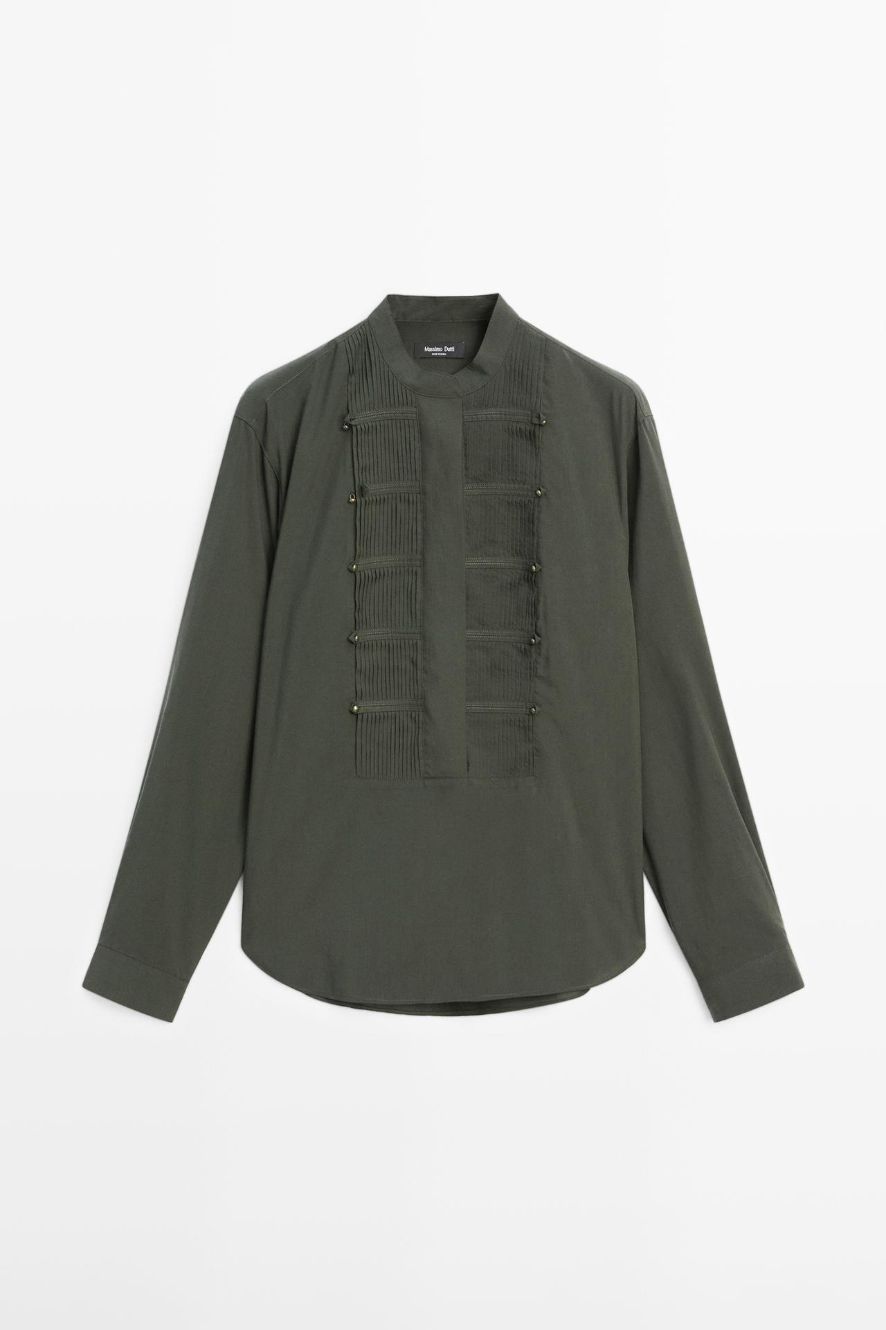 Massimo Dutti - Dames - Overhemd Met Naaldplooien En Opstaande Kraag - Groen - M
