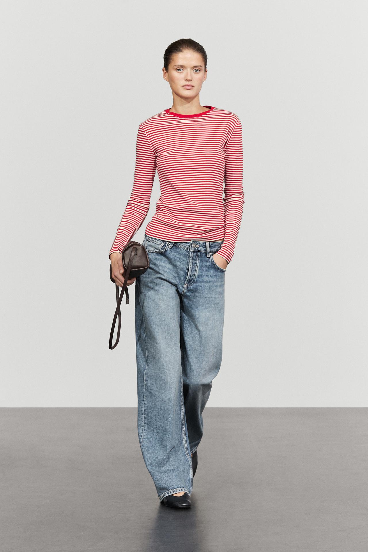 100% cotton long sleeve striped T-shirt — RED