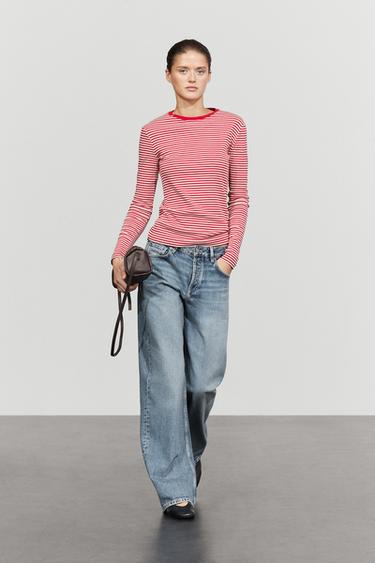 100% cotton long sleeve striped T-shirt — RED 1
