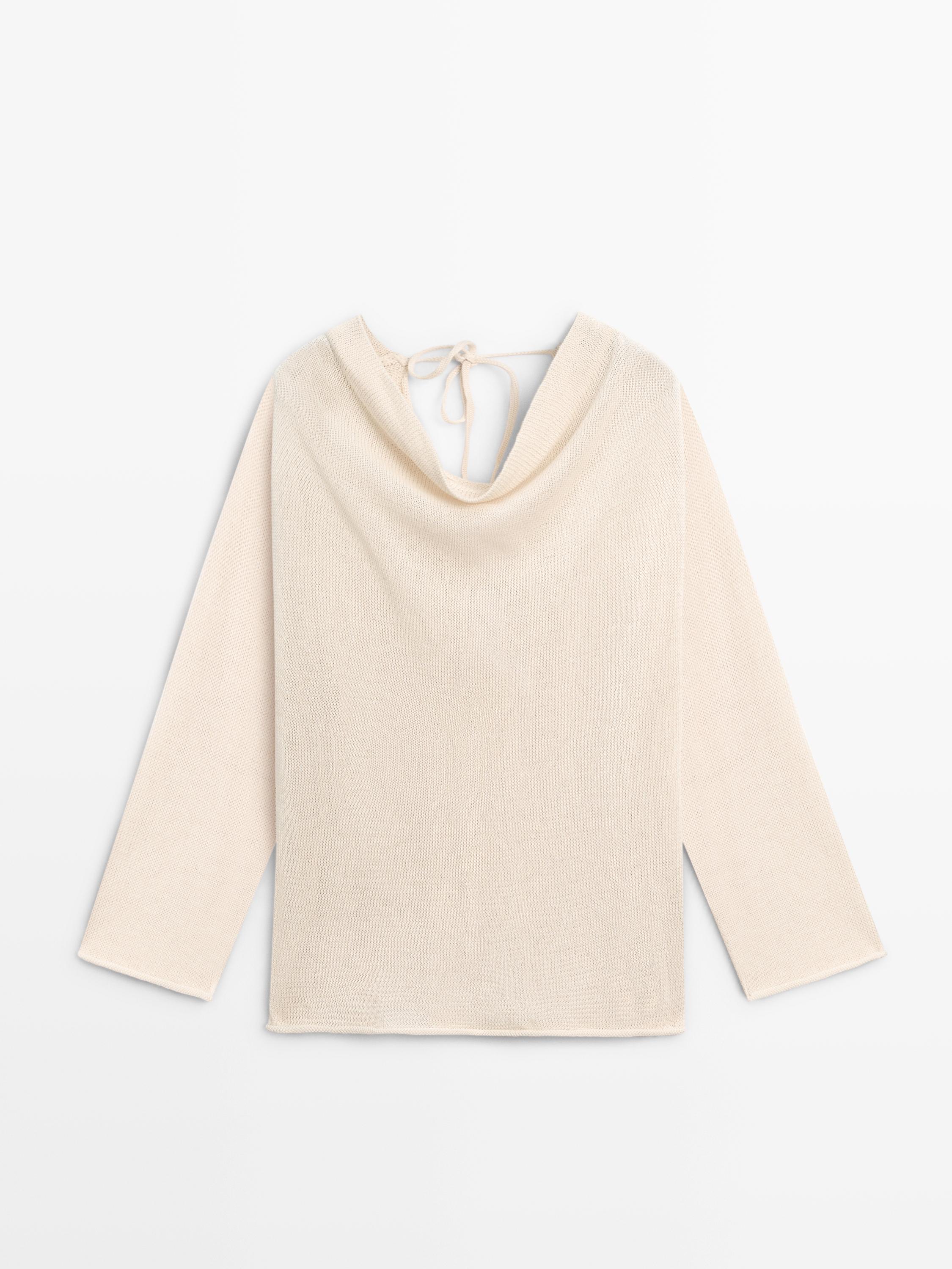 100% cotton knit sweater with back ties — BEIGE