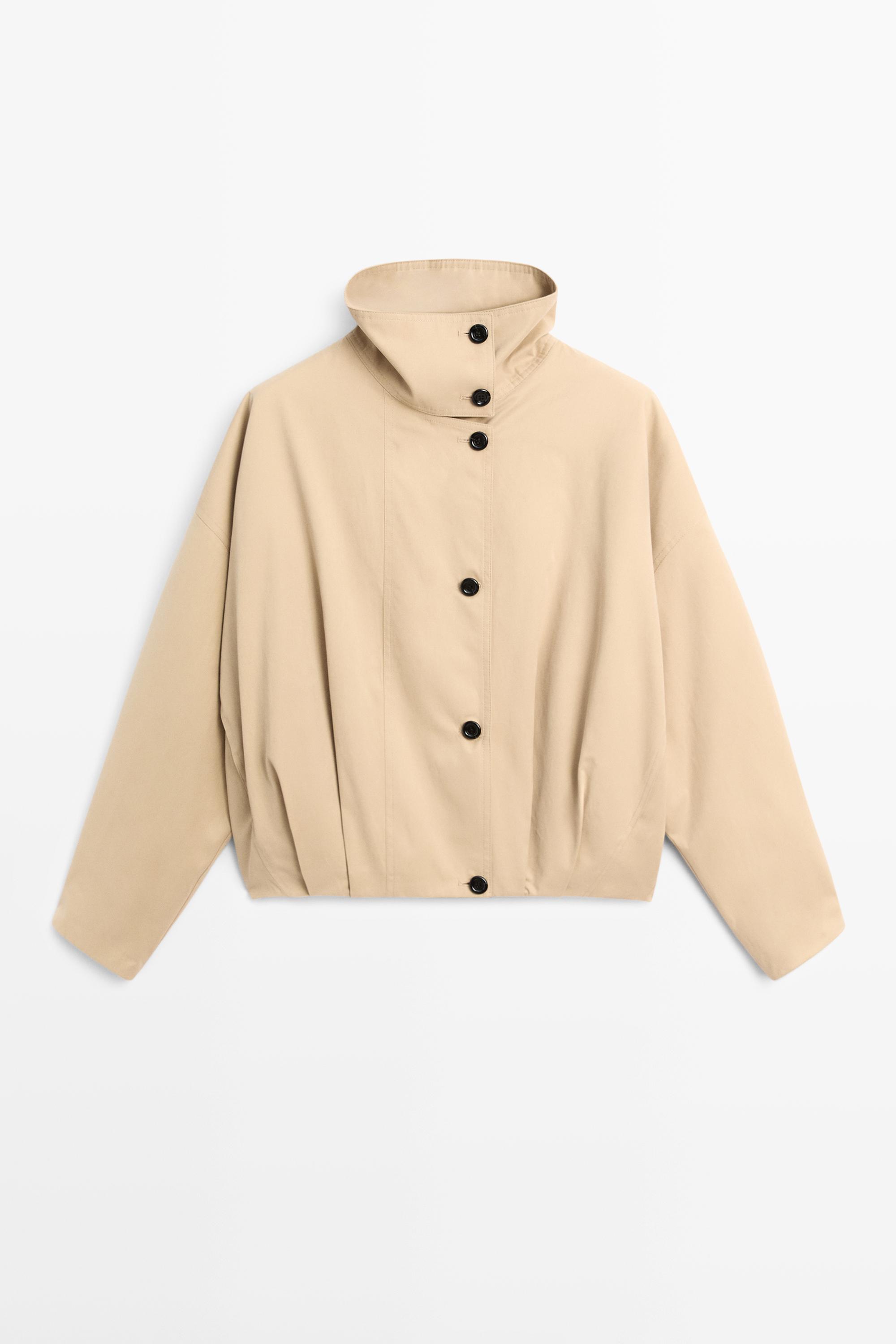 Pleated stand-collar bomber jacket — Beige