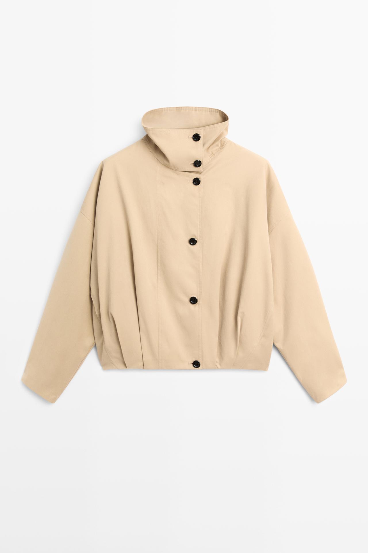 Pleated stand-collar bomber jacket — Beige