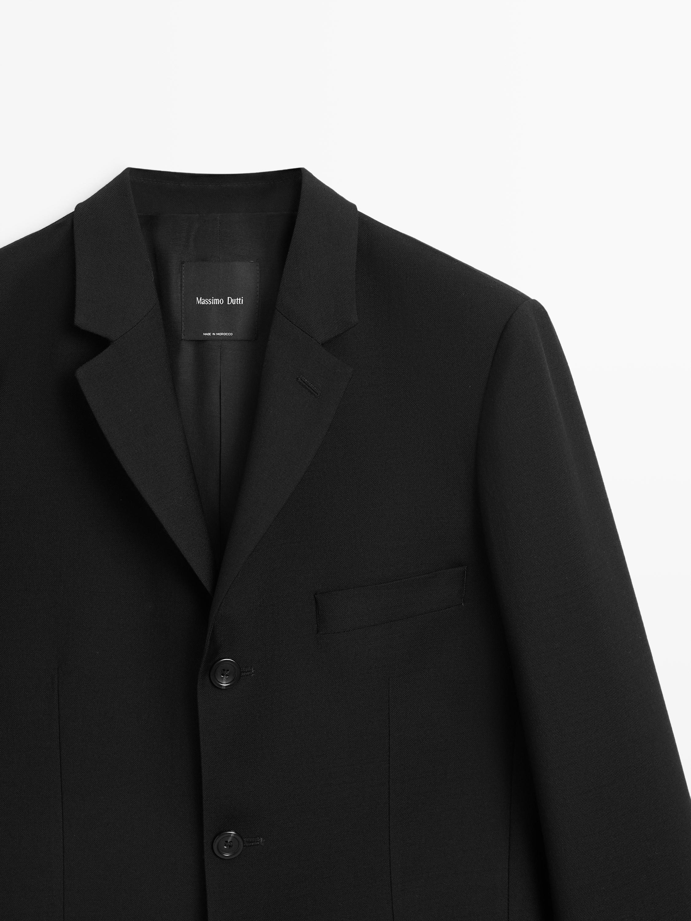 100% wool three-button blazer — BLACK