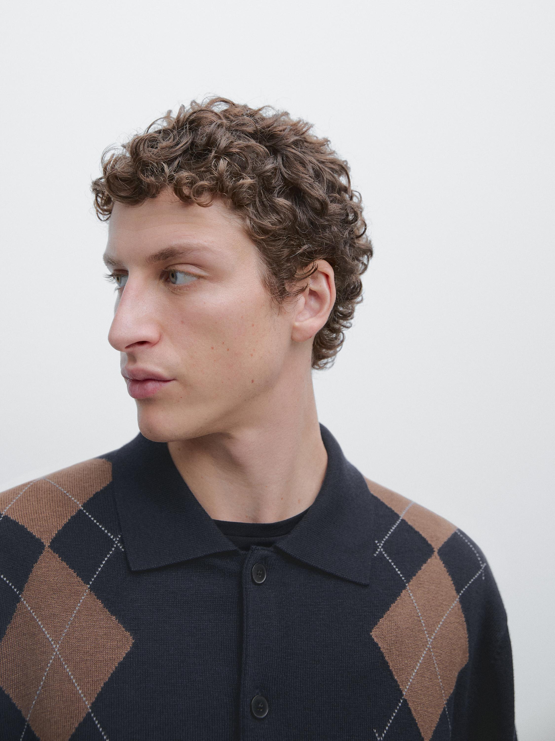 Wool blend argyle knit cardigan — NAVY BLUE
