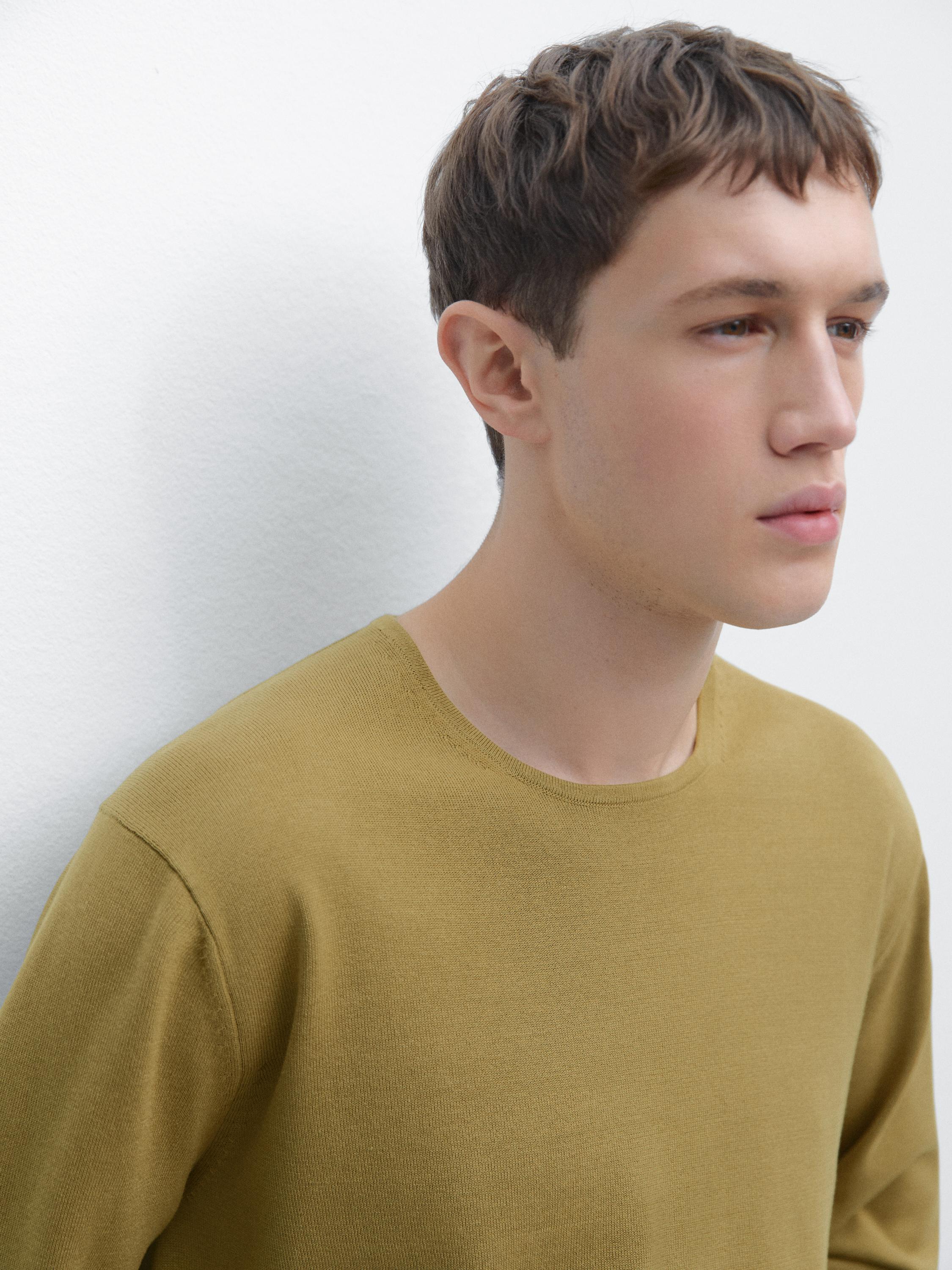 Knit 100% cotton crew neck sweater — OLIVE