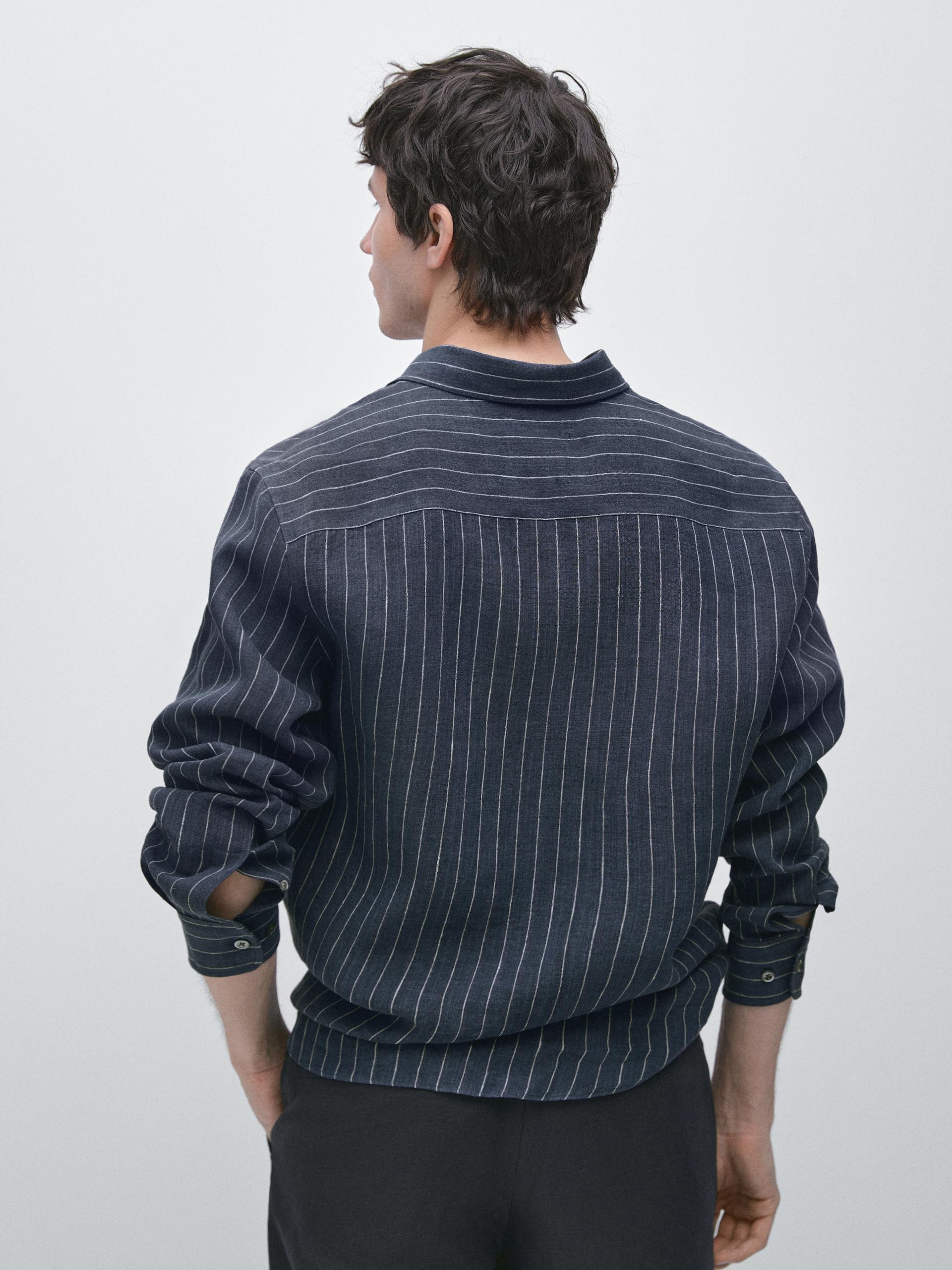 100% Linen Striped Shirt - Beige - S - Massimo Dutti - Maschile