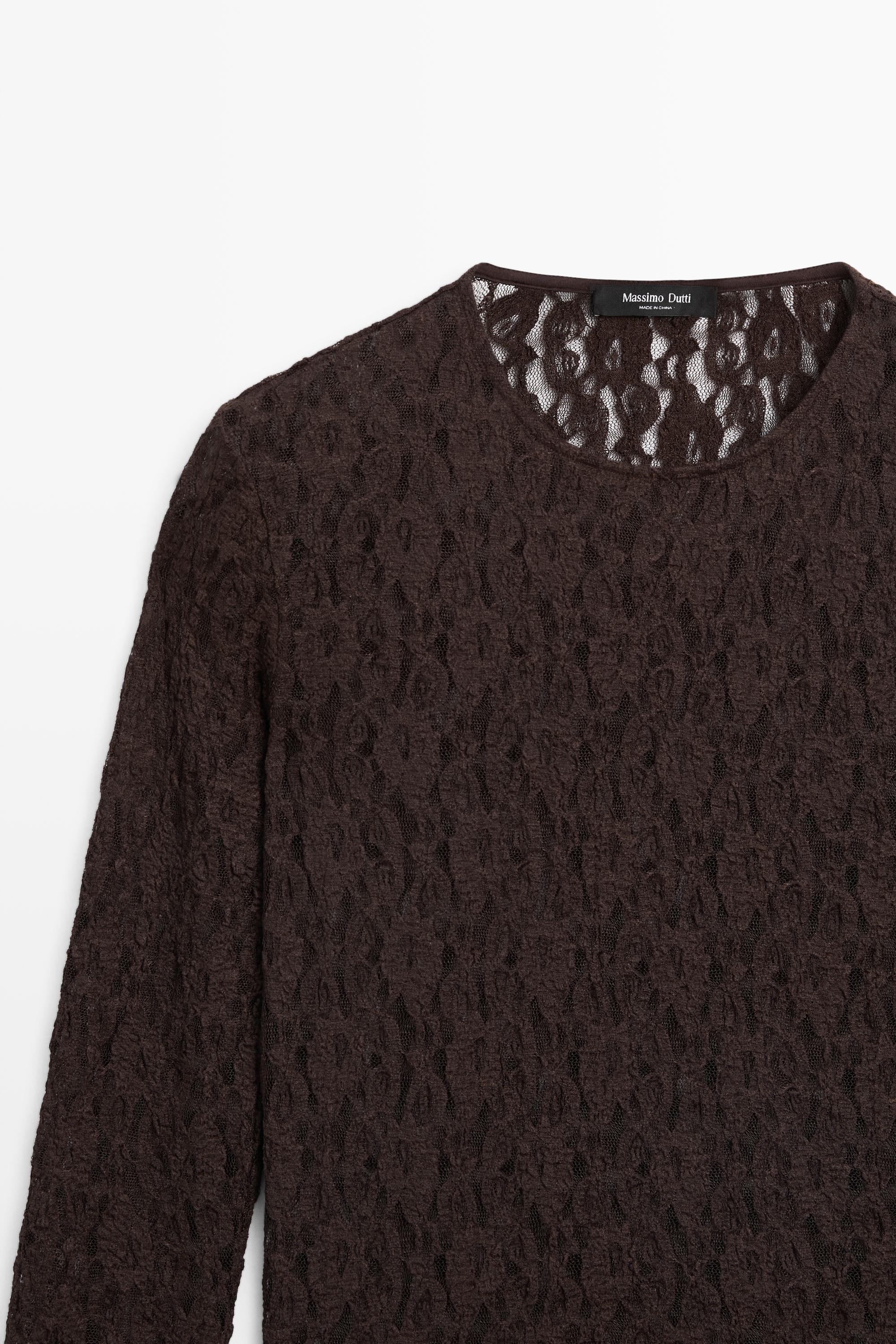 Long sleeve lace detail T-shirt — BROWN