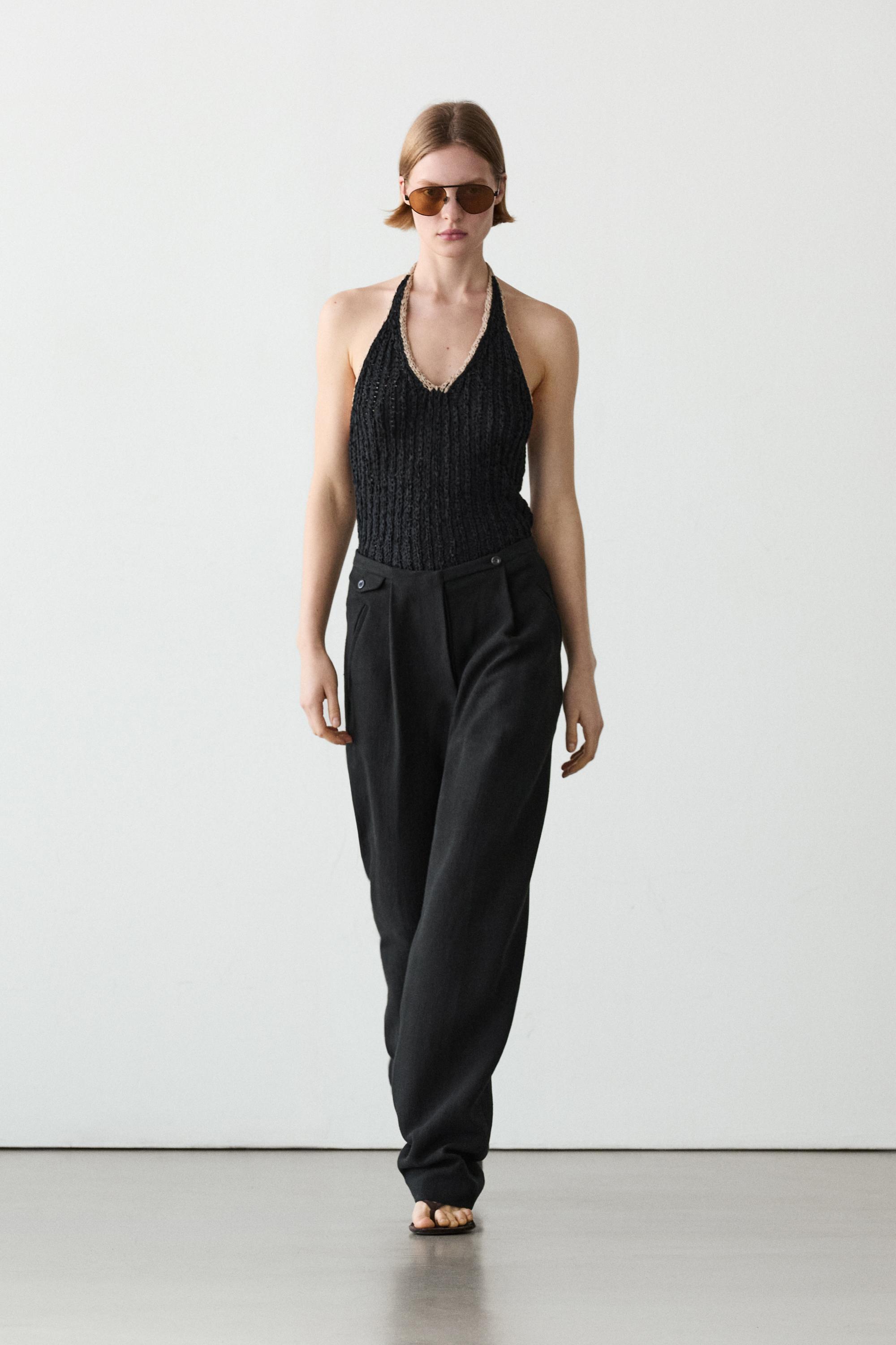 Flowing linen blend trousers with pocket details — BLACK