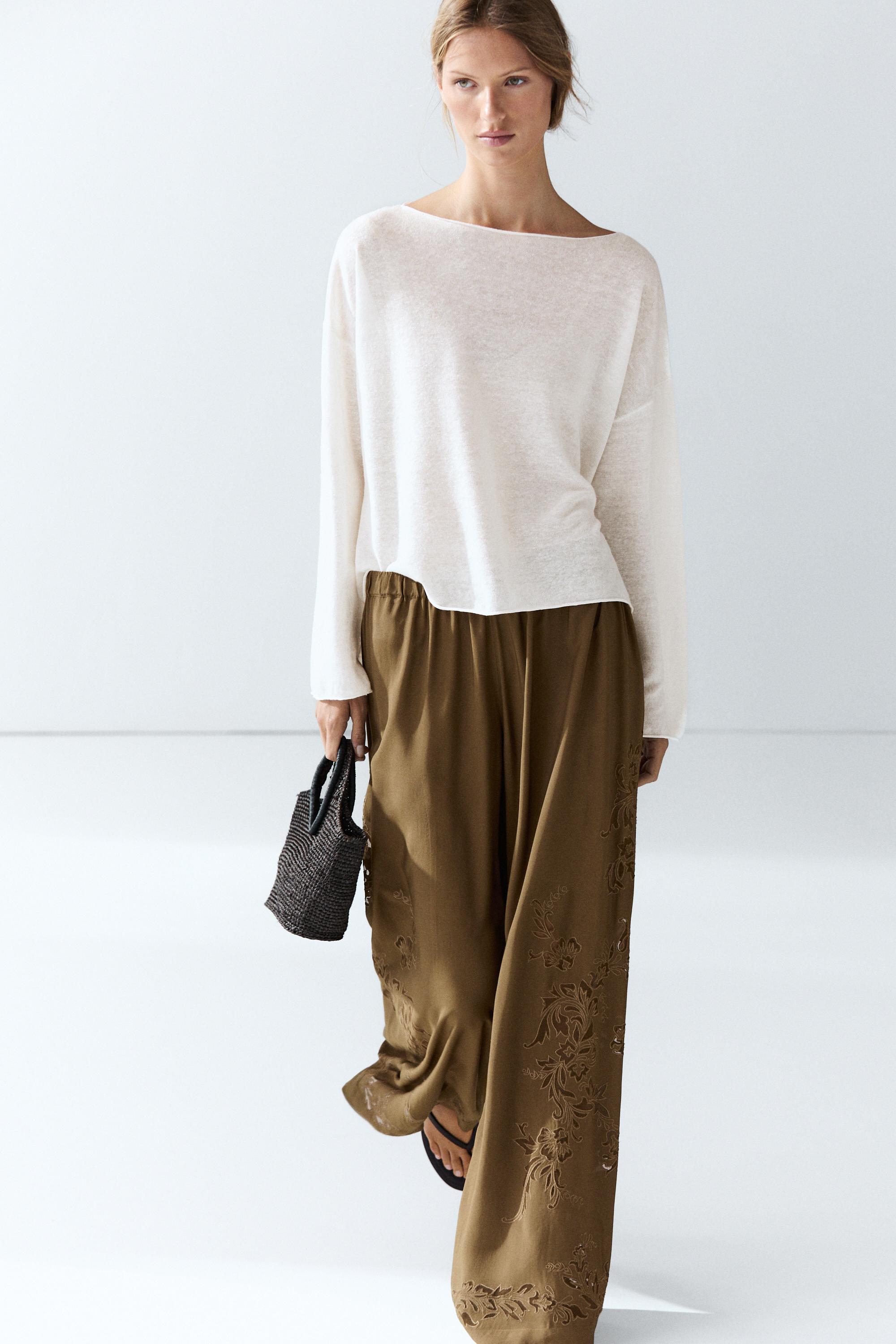 Flowing wide-leg pants with embroidery details — KHAKI