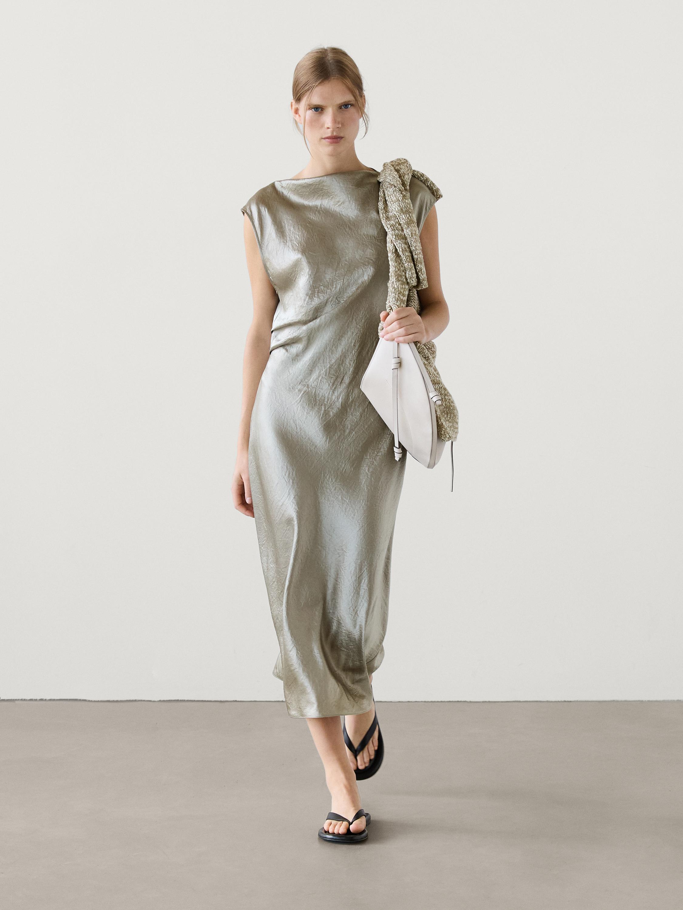 Satin midi dress with cowl neckline Champagne Smart Dresses And Jumpsuits Massimo Dutti