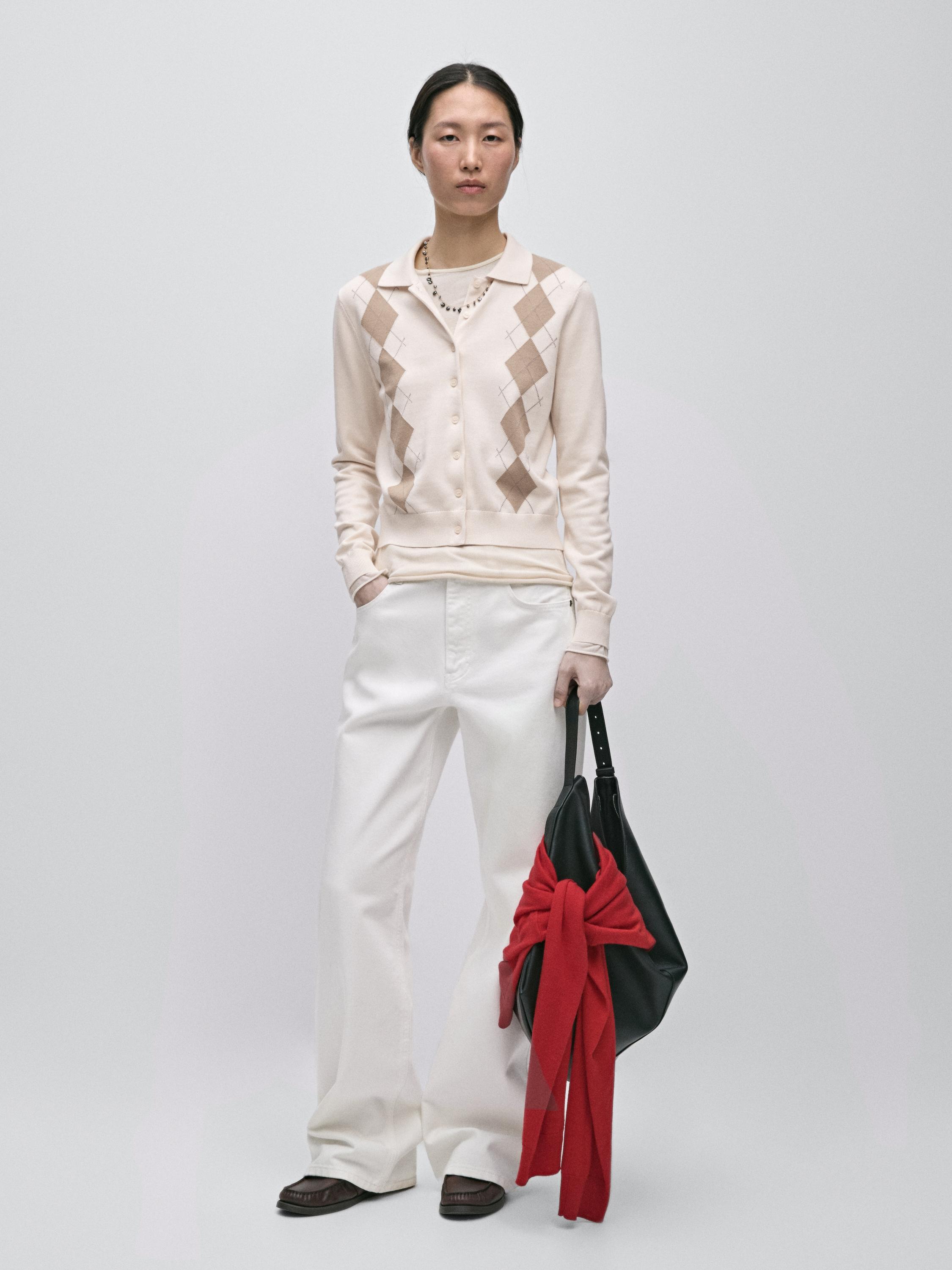 Argyle knit cardigan with polo collar