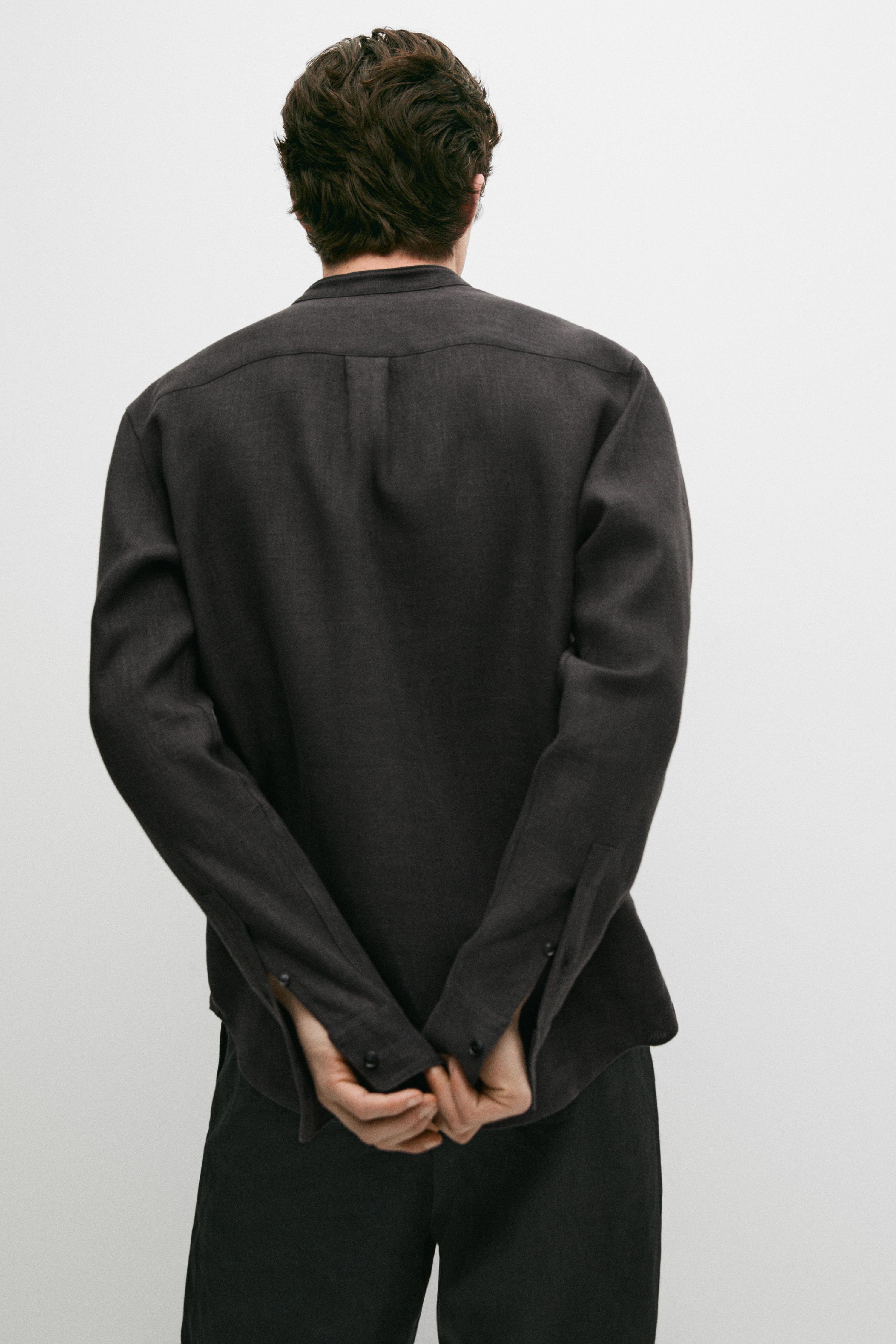 100% linen stand collar shirt — BLACK
