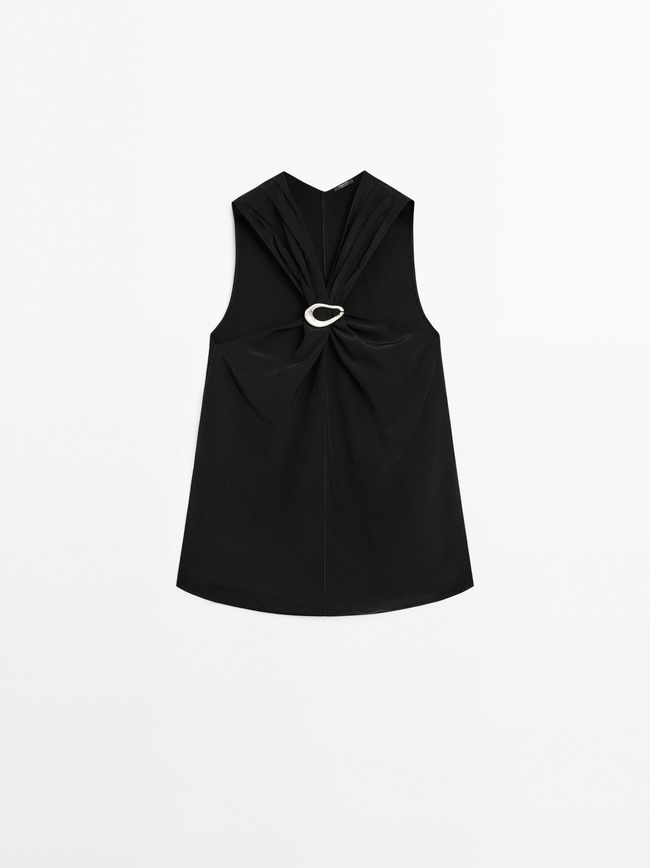 Massimo Dutti - Dame - Top Med Halterneck Og Aftagelig Broche - Sort - S