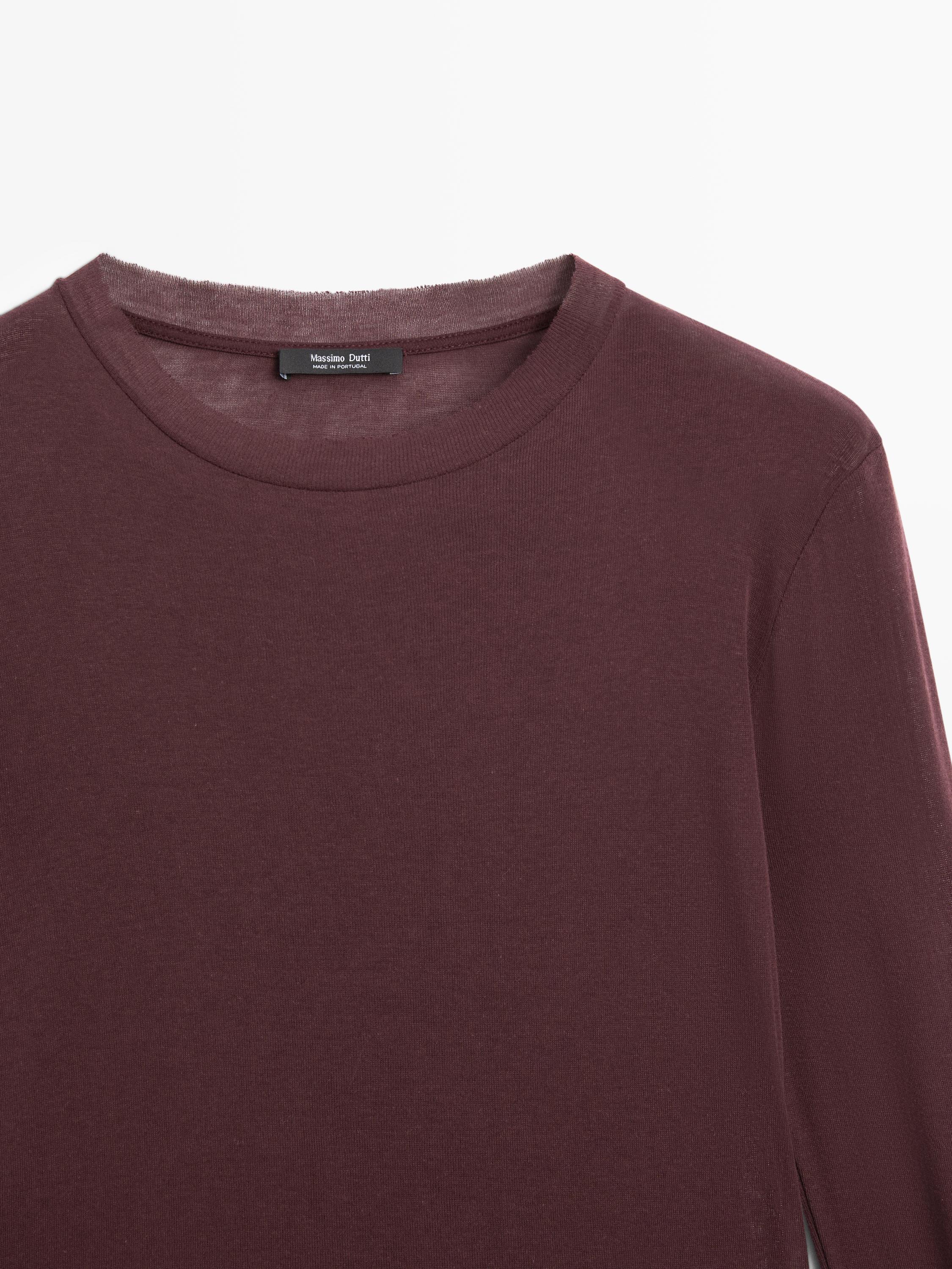 100% cotton semi-sheer T-shirt with collar detail — BURGUNDY