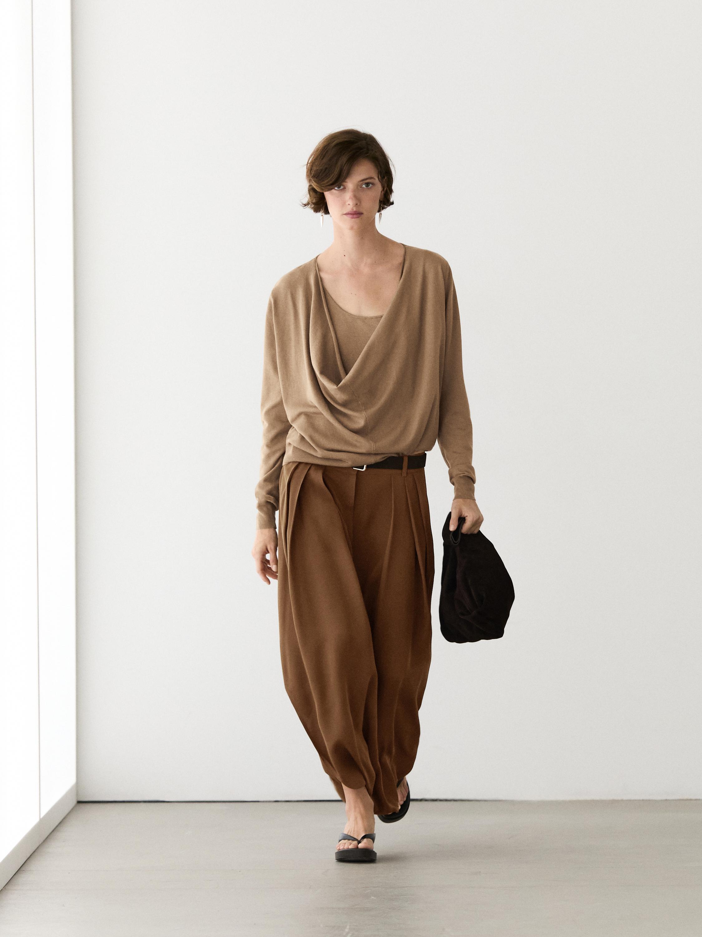 Cotton blend knit sweater with cowl neck