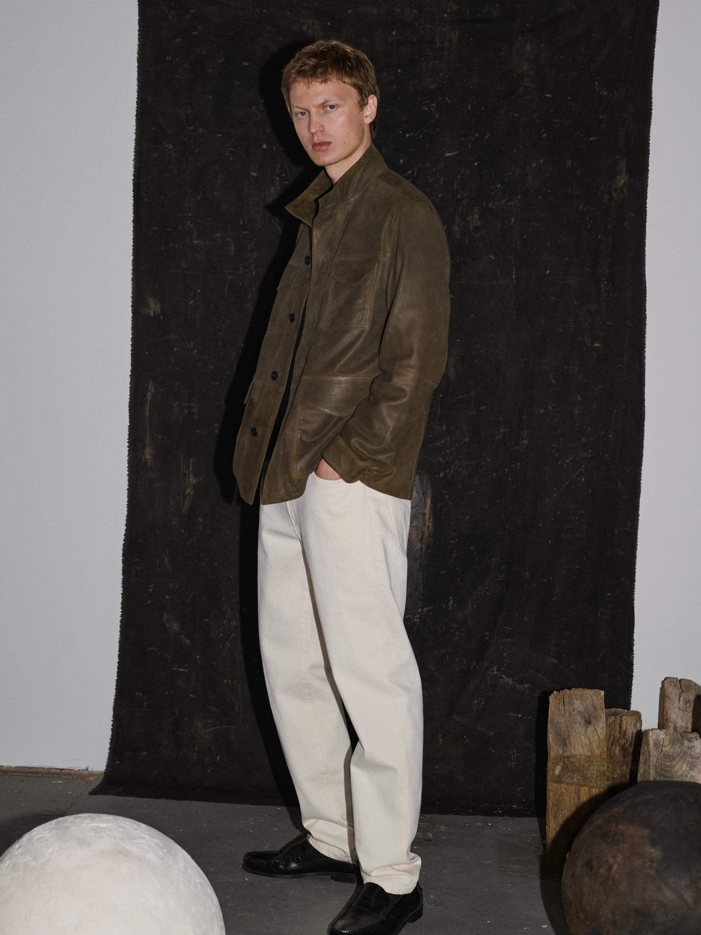 Distressed-effect goatskin leather jacket — KHAKI