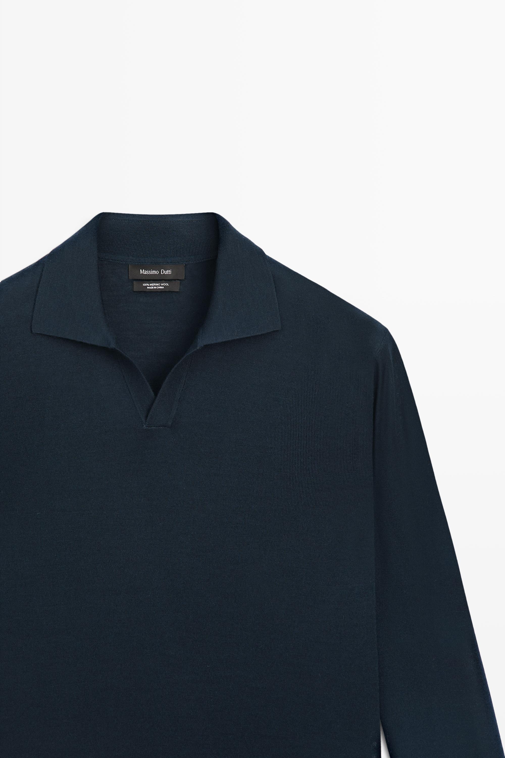 100% merino wool knit polo sweater — NAVY BLUE