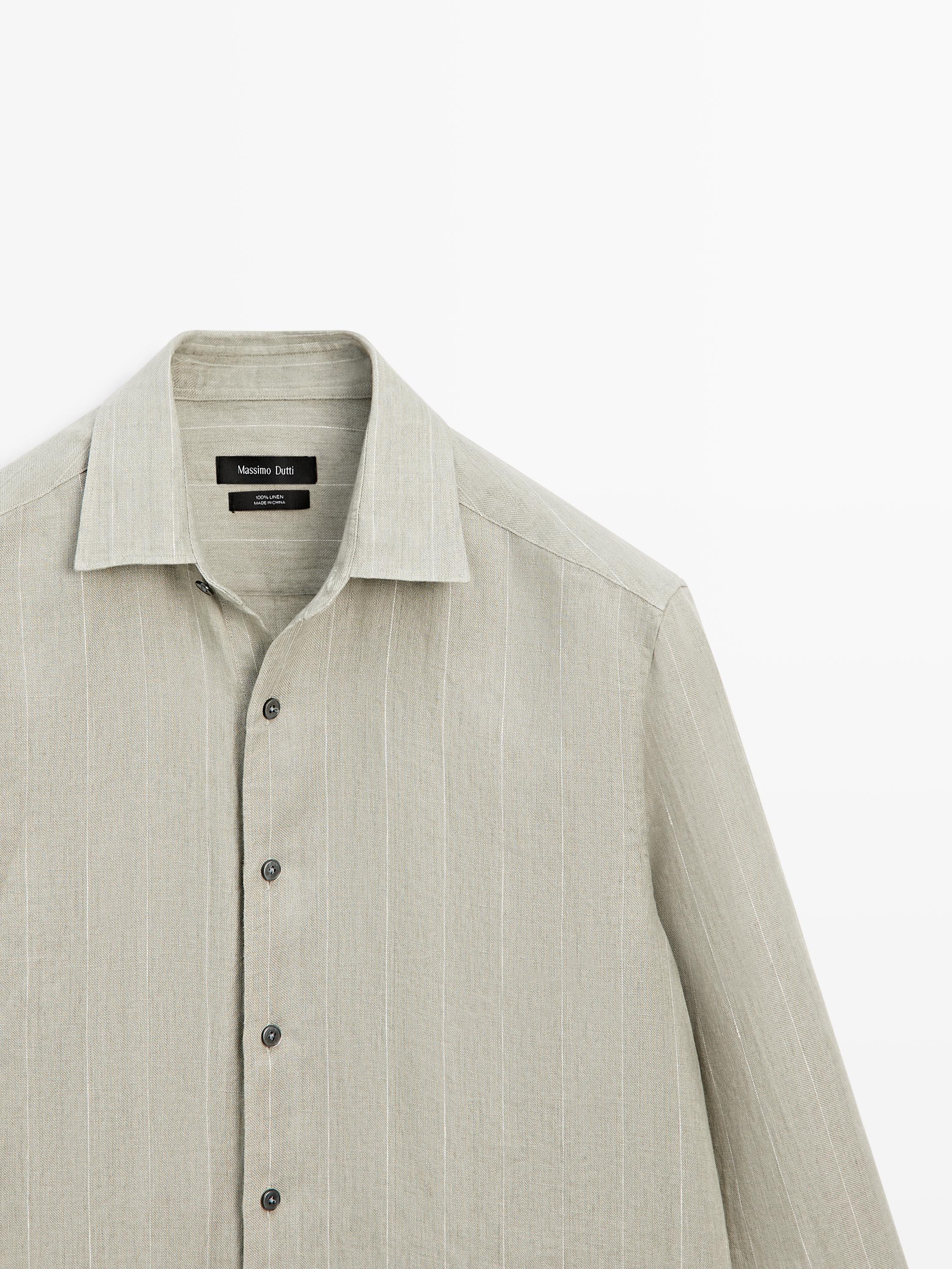 100% linen regular fit striped shirt — PALE GREEN