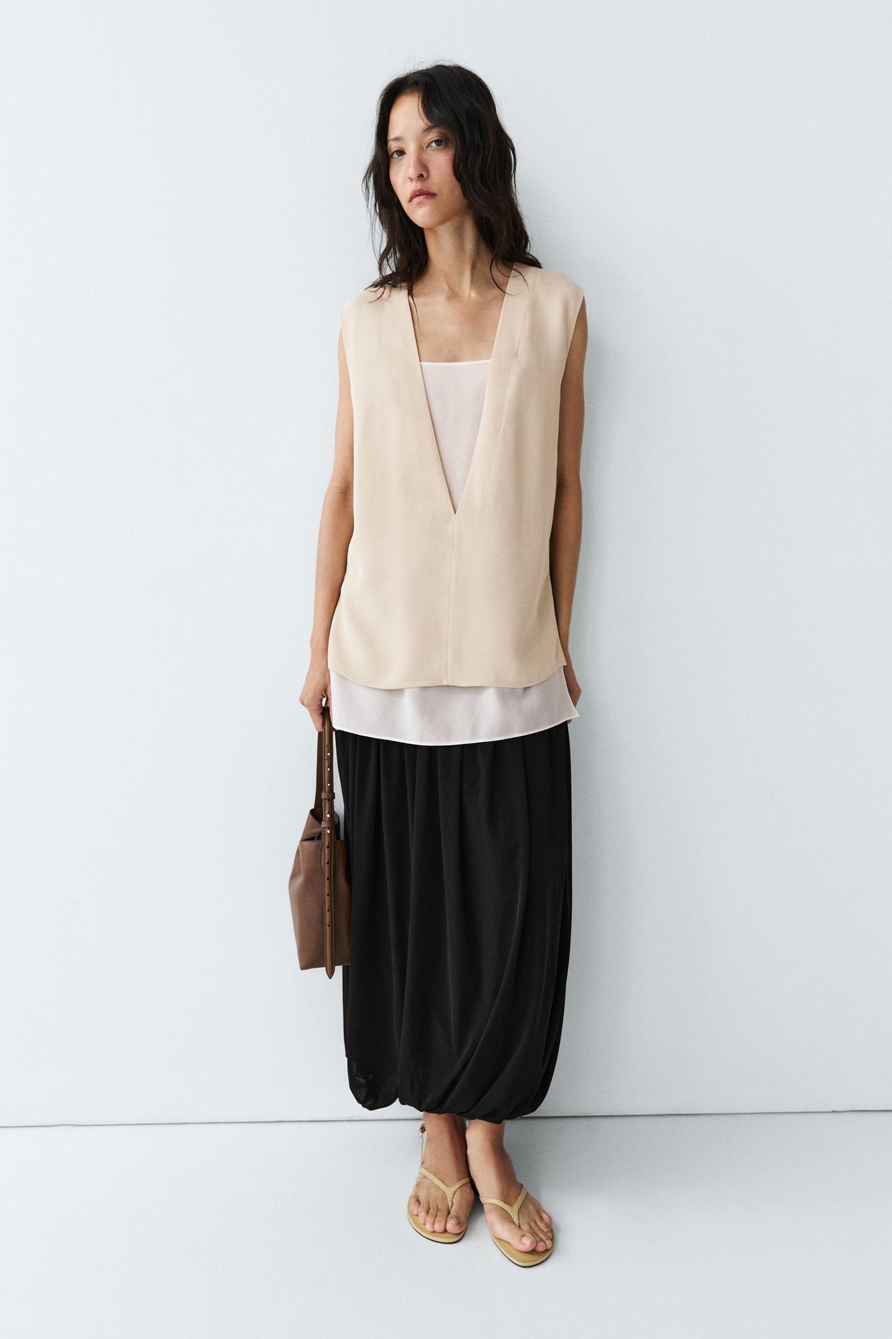 Flowing double-layer top with contrast detail — CREAM