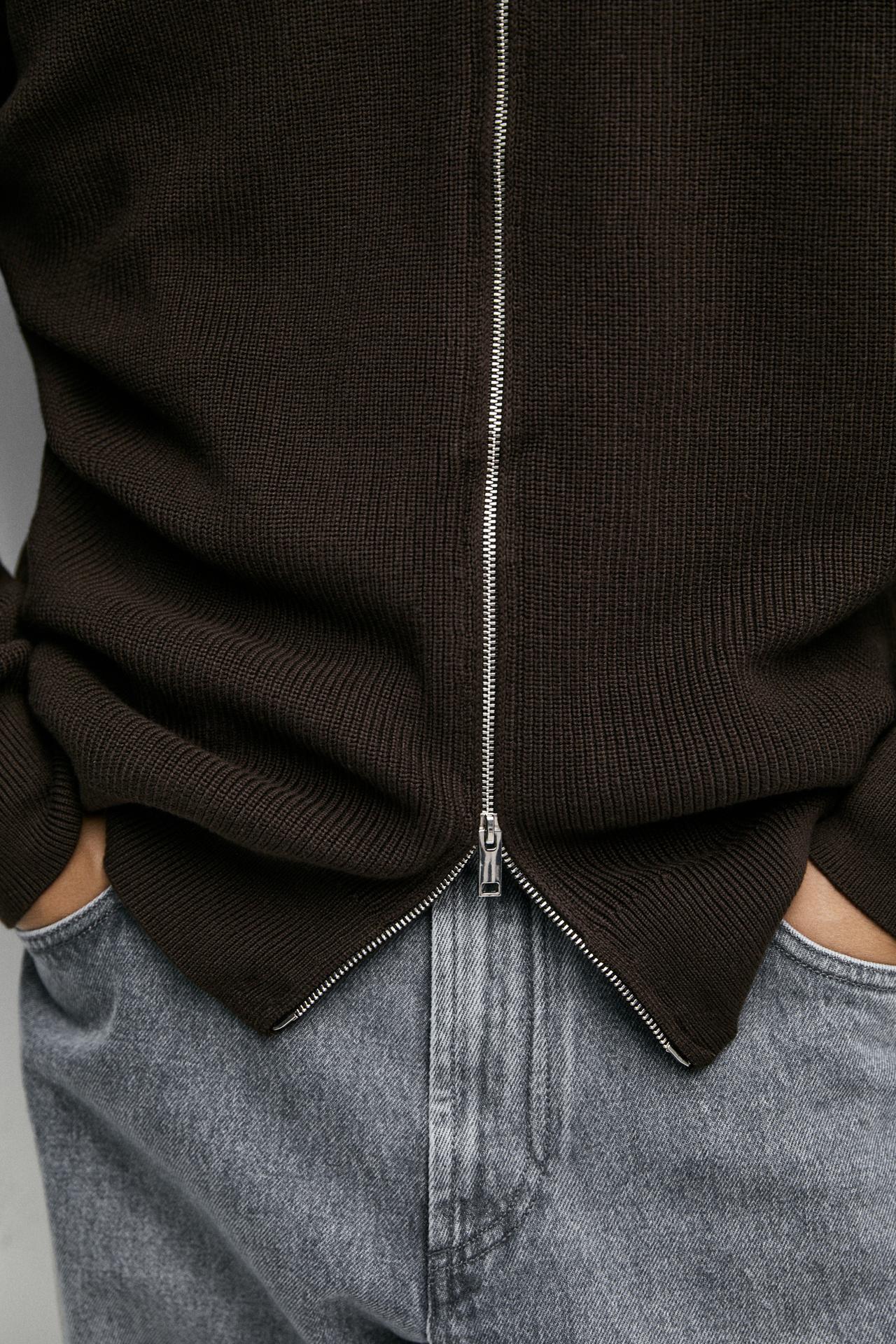 100% cotton ribbed knit cardigan — BROWN MARL