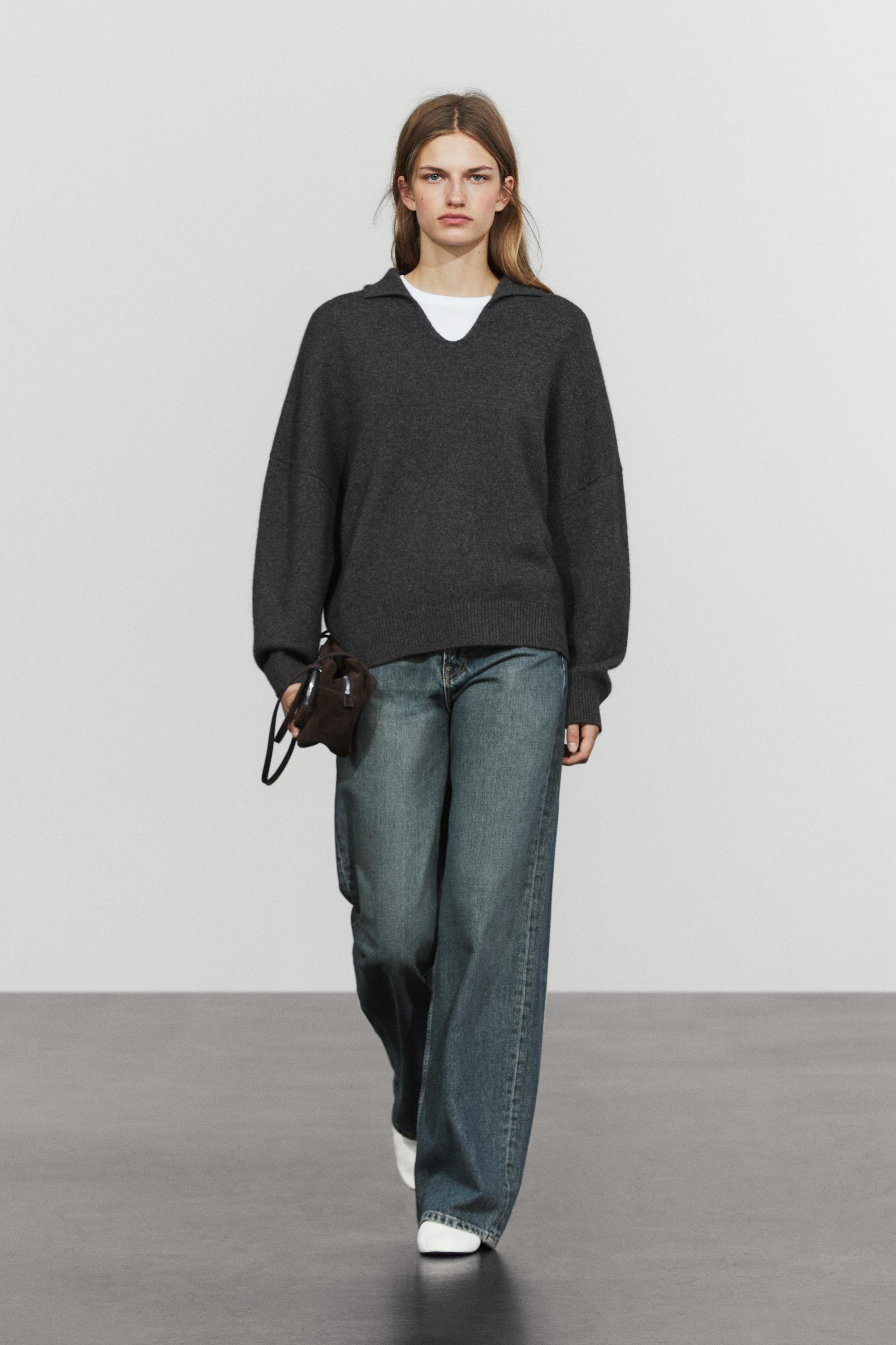 100% cashmere knit polo sweater — DARK GREY