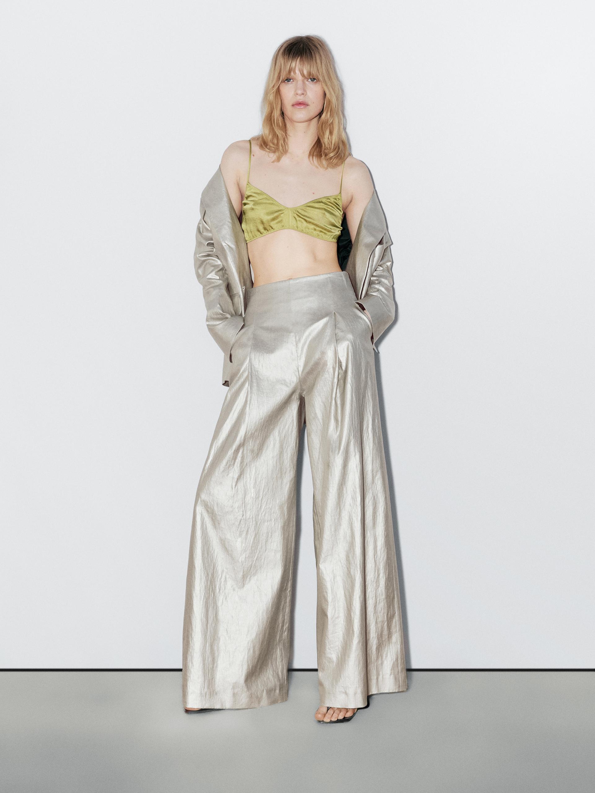 Massimo Dutti Gathered Satin Triangle Bra In Green