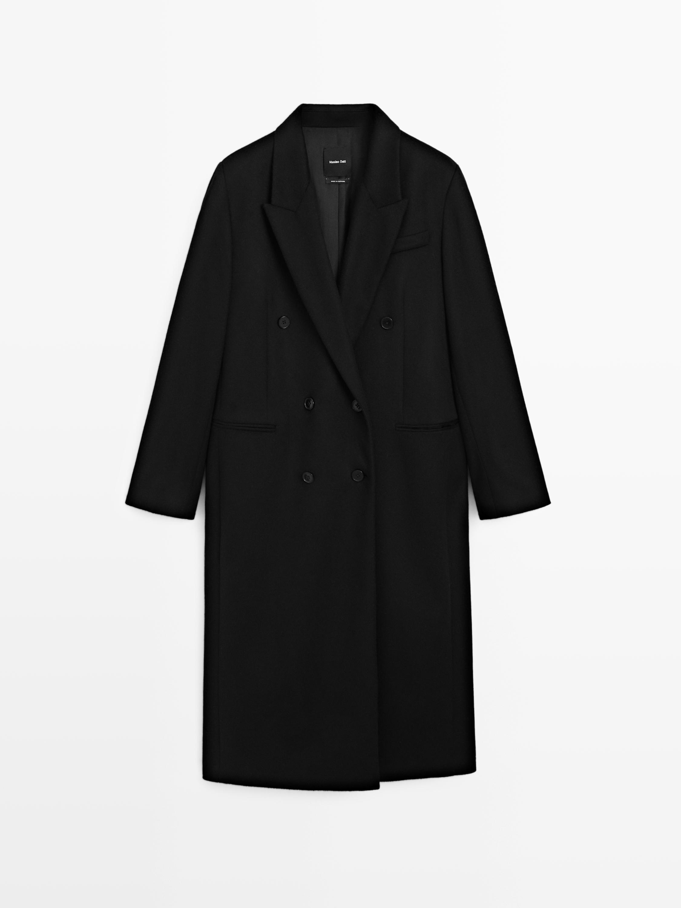 Long double-breasted 100% wool coat