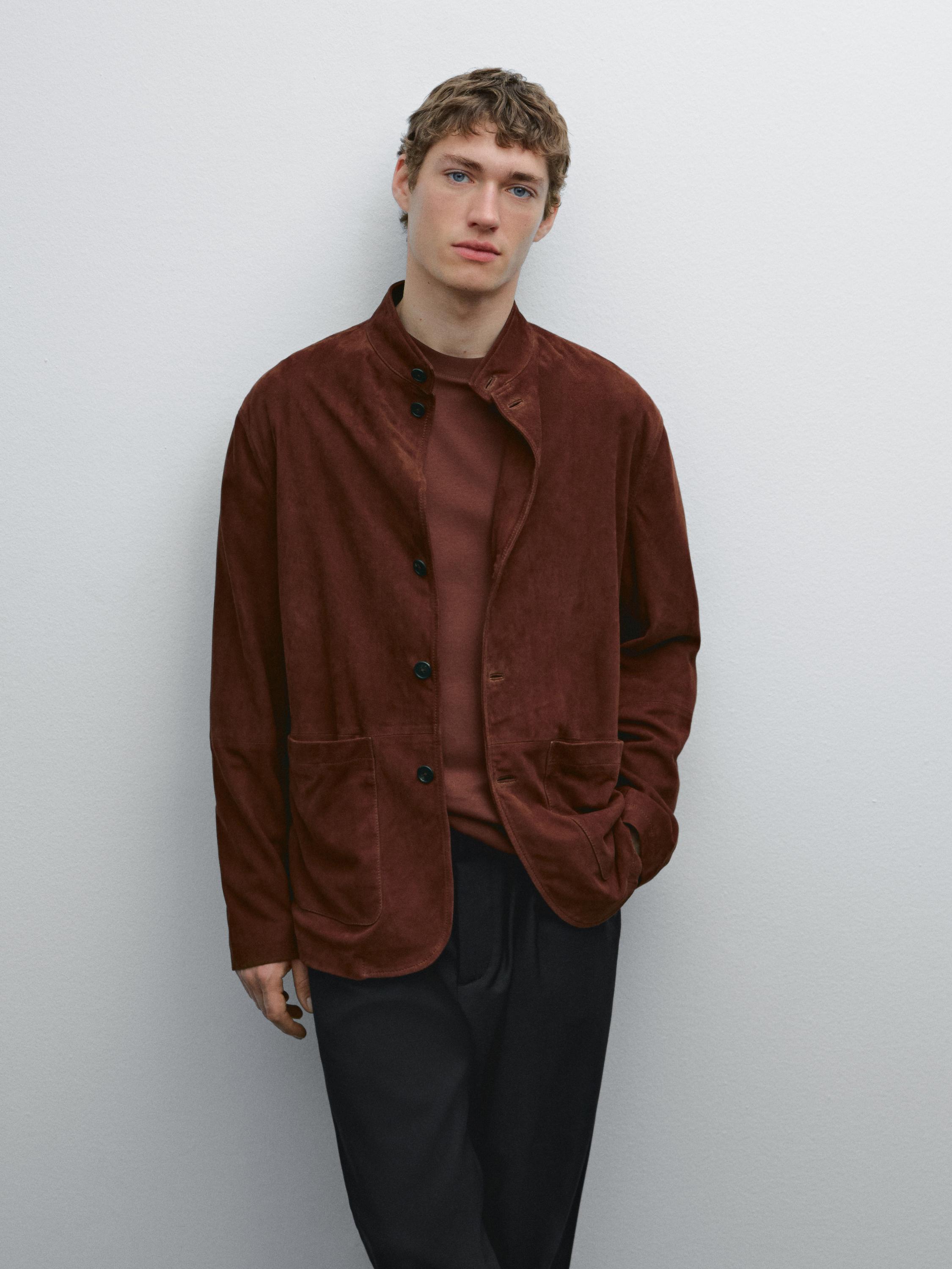 Veste à col mao en cuir finition daim