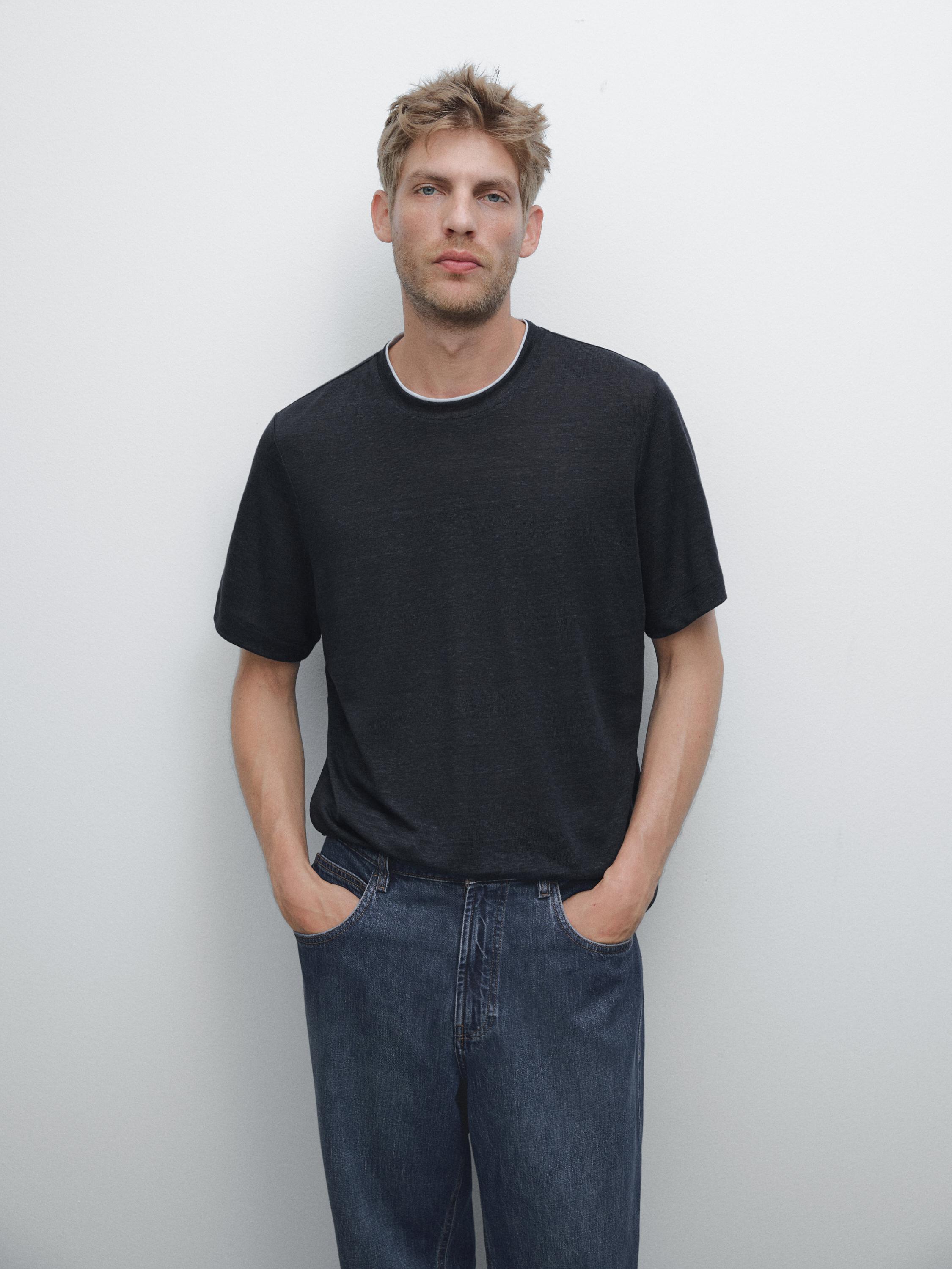 Kontrastné úpletové tričko zo zmesi ľanu