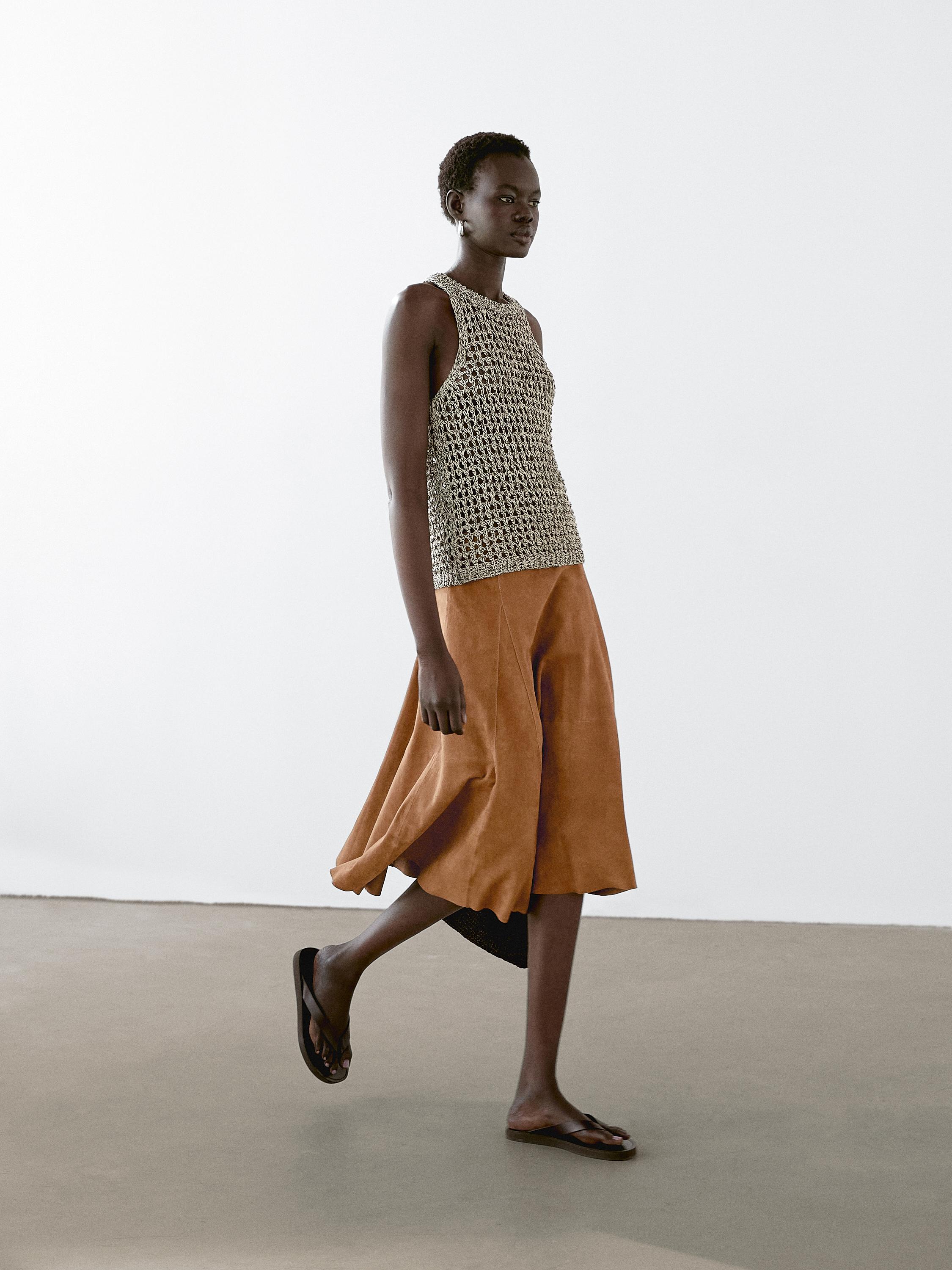 Suede leather flared midi skirt