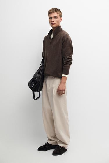 100% cashmere mock V-neck knit sweater — MOCHA 1