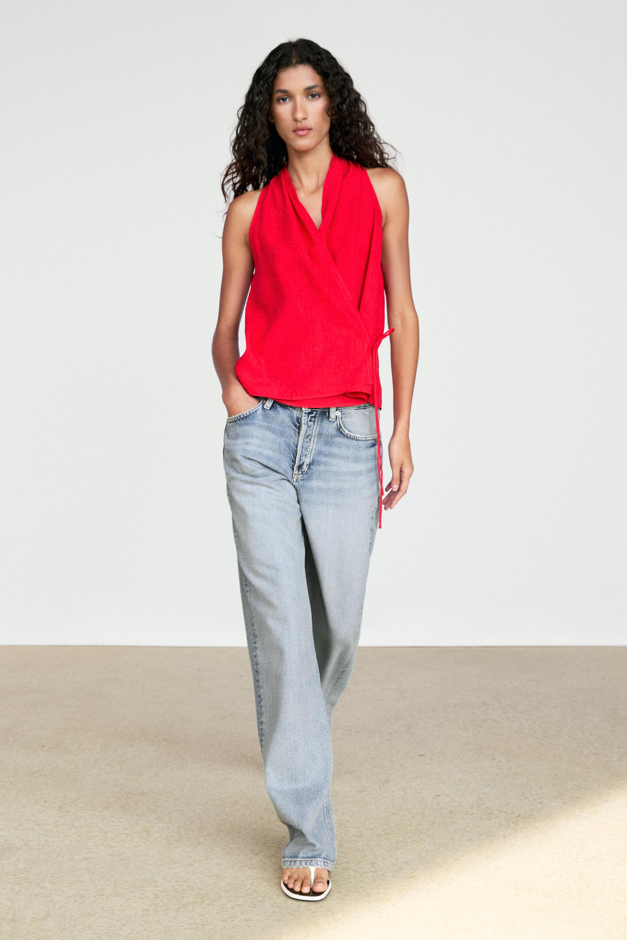 Linen halter top with tie detail — RED