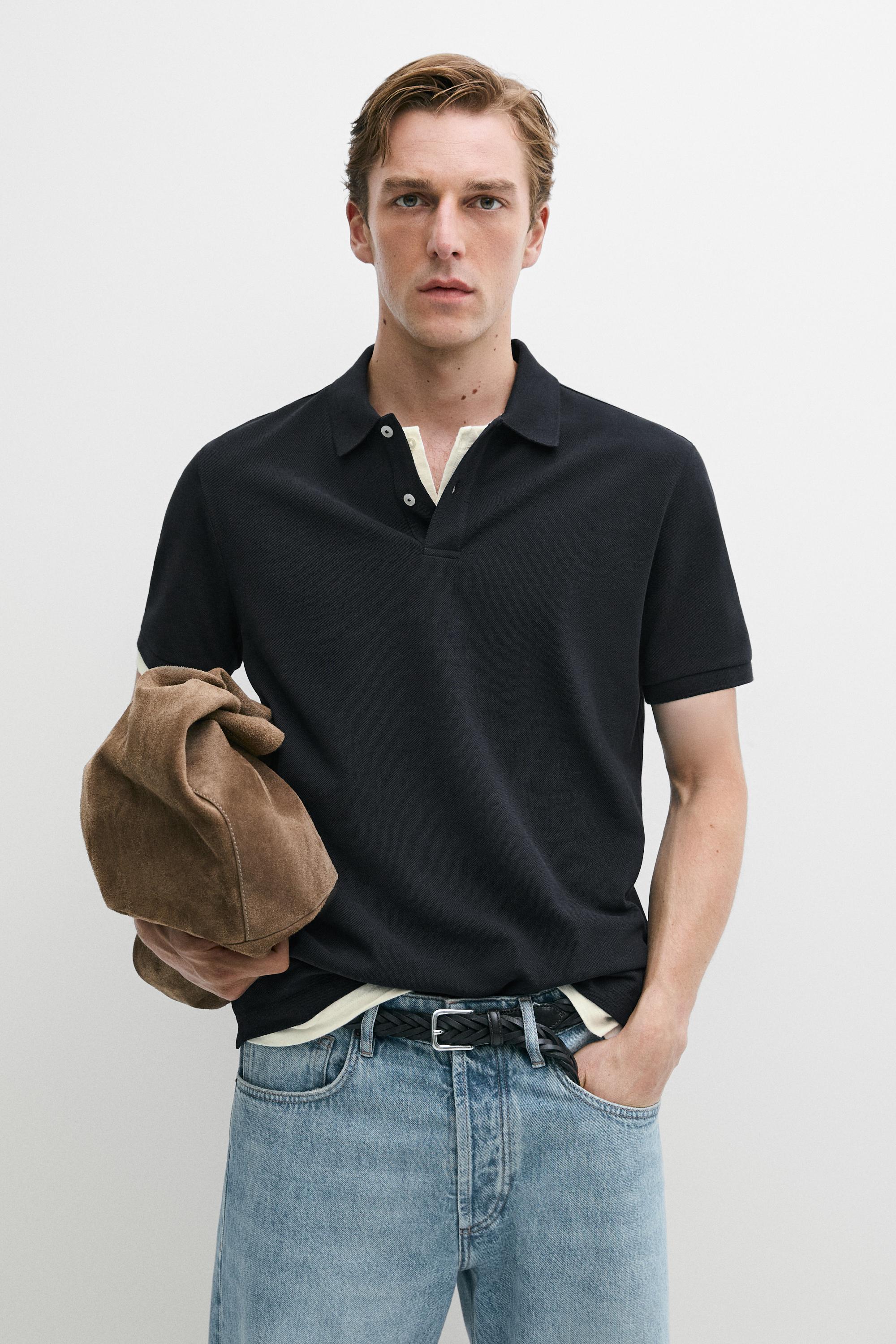 Micro-textured cotton piqué polo shirt — NAVY BLUE