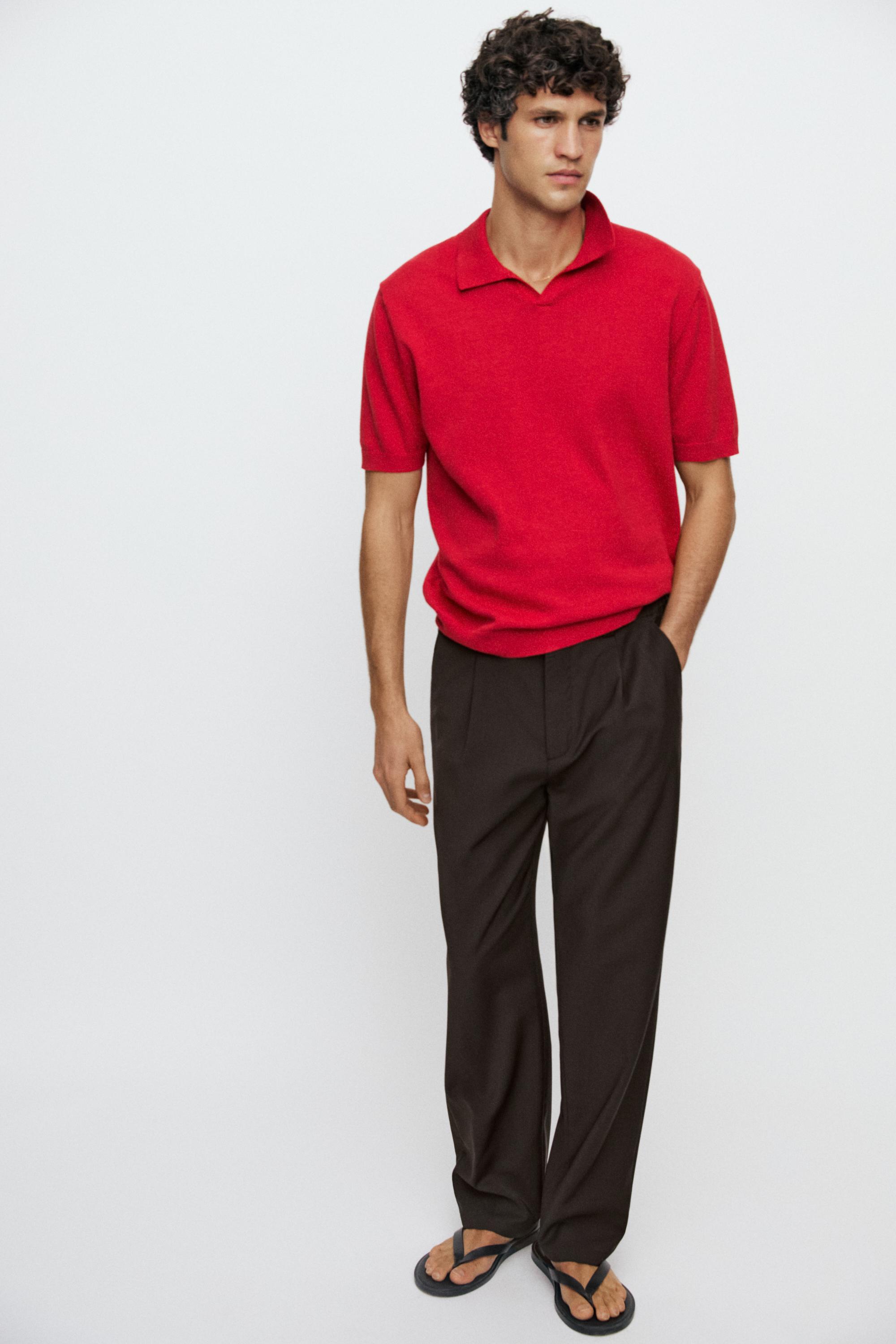 Cotton blend V-neck polo shirt — RED