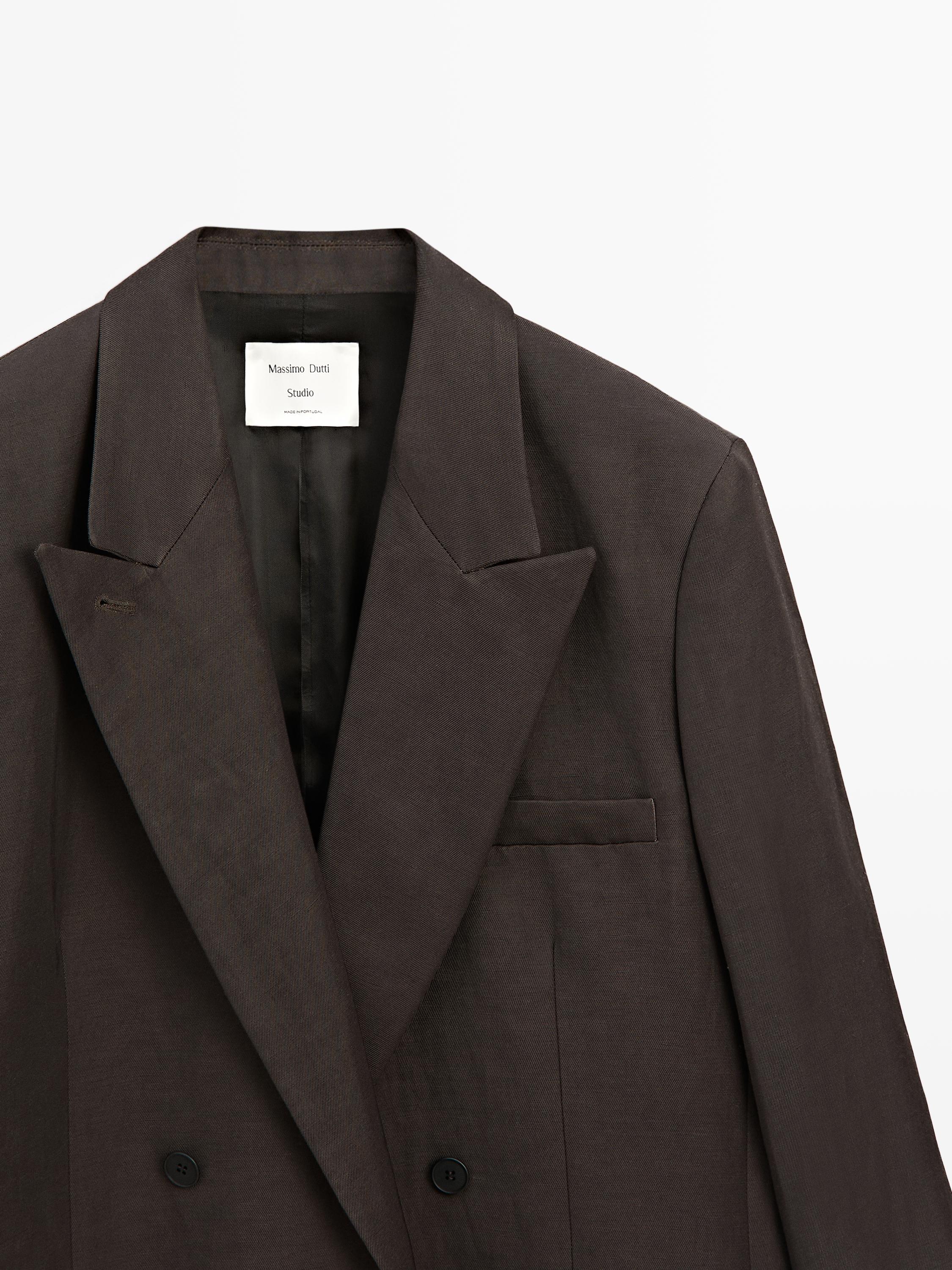Double-breasted linen blend blazer - STUDIO — BROWN