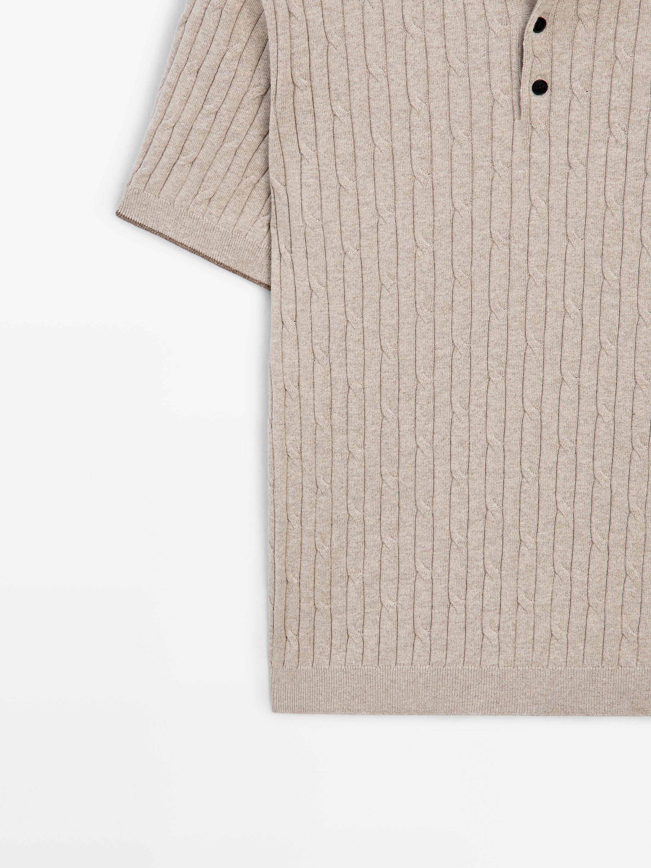 Cotton blend cable-knit polo sweater — BEIGE