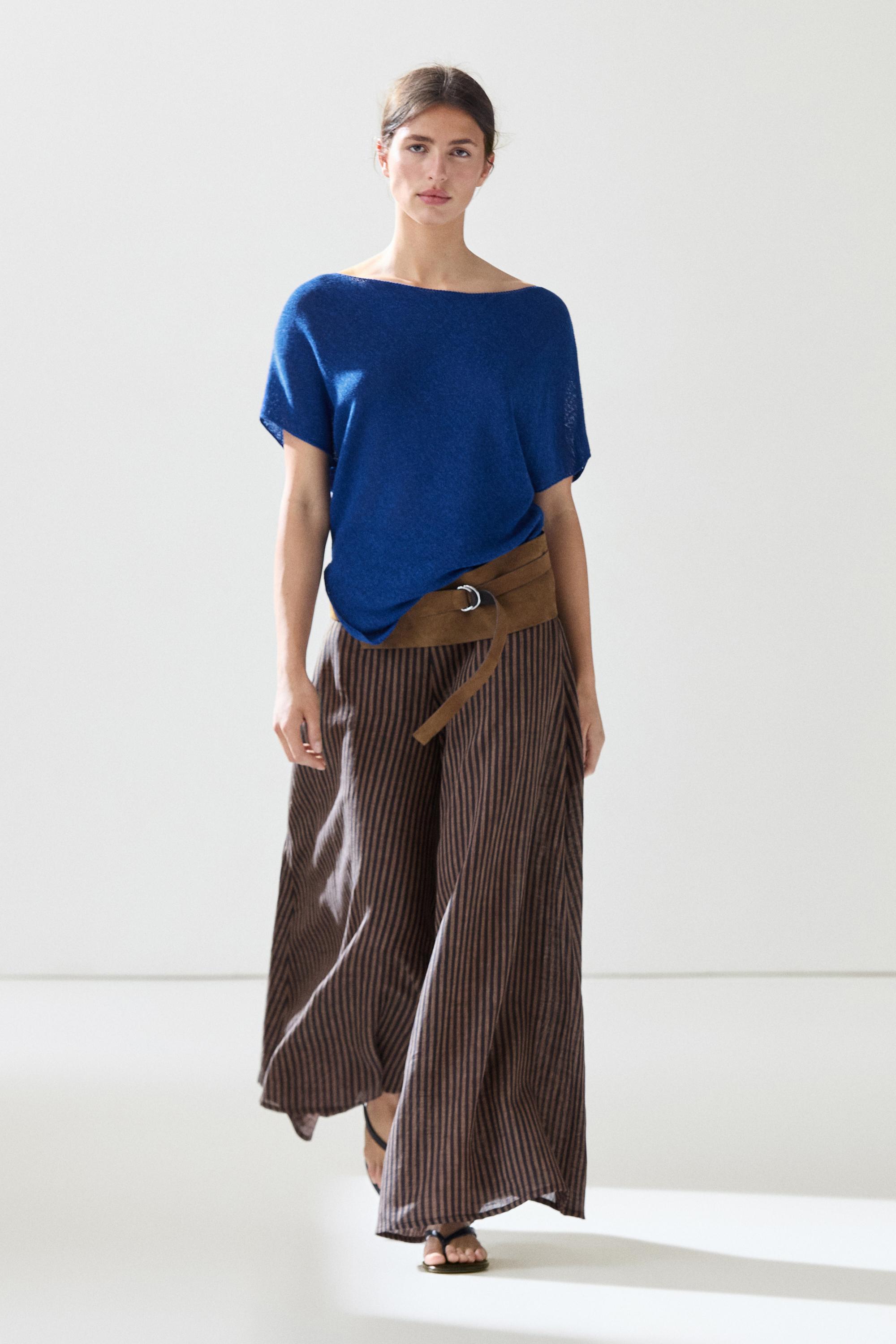 Striped flowing linen blend skort
