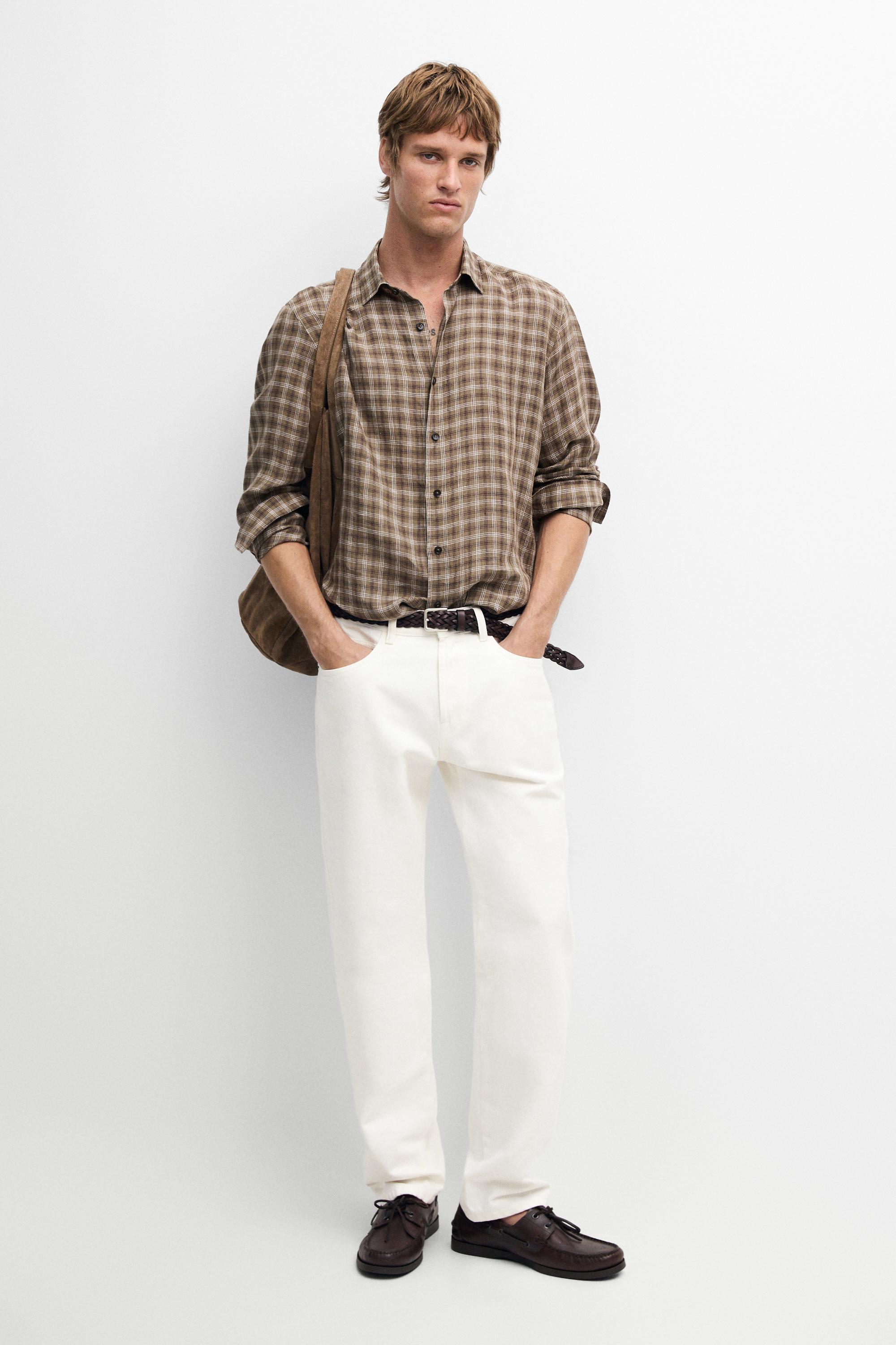 100% linen regular fit check shirt — BROWN MARL