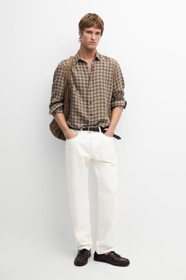 100% linen regular fit check shirt — BROWN MARL 1
