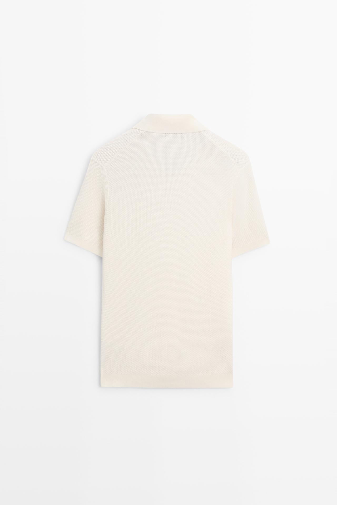 Cotton blend knit V-neck polo shirt — CREAM