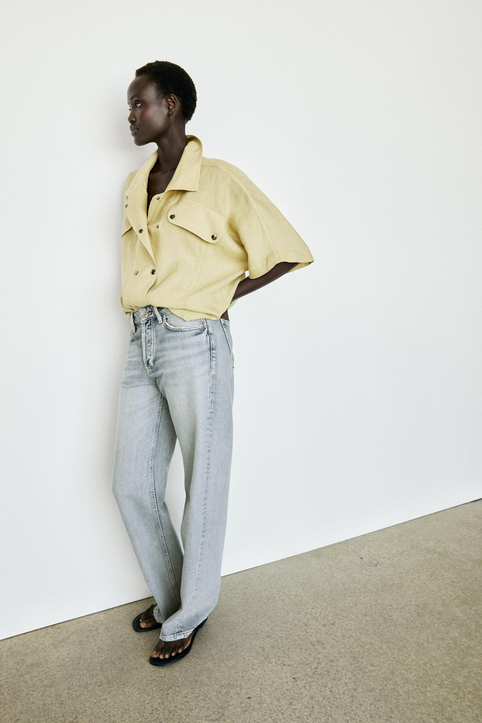 Short sleeve linen snap button shirt — LIME