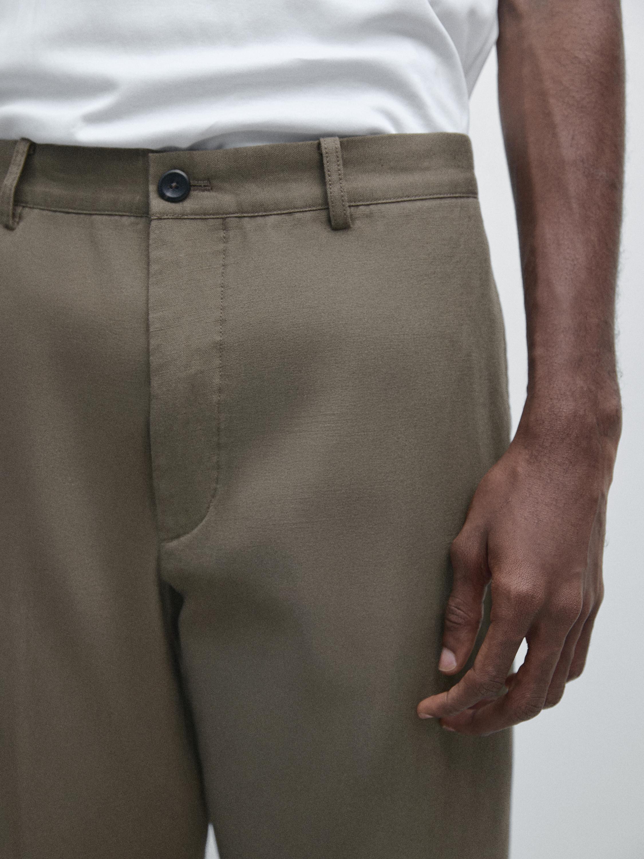 Cotton and linen tapered fit trousers — MOLE BROWN
