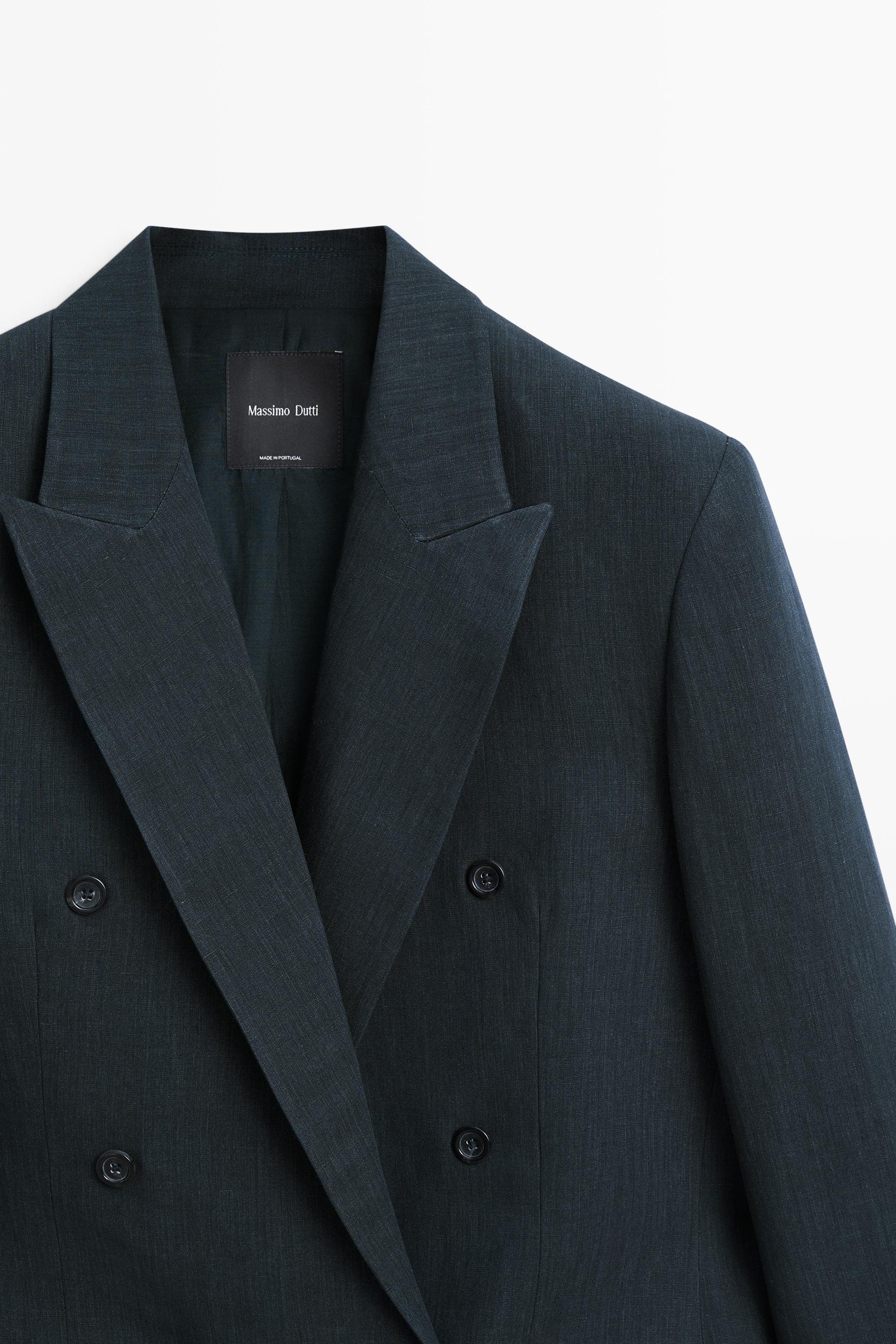 Melange linen blend double-breasted blazer — NAVY BLUE