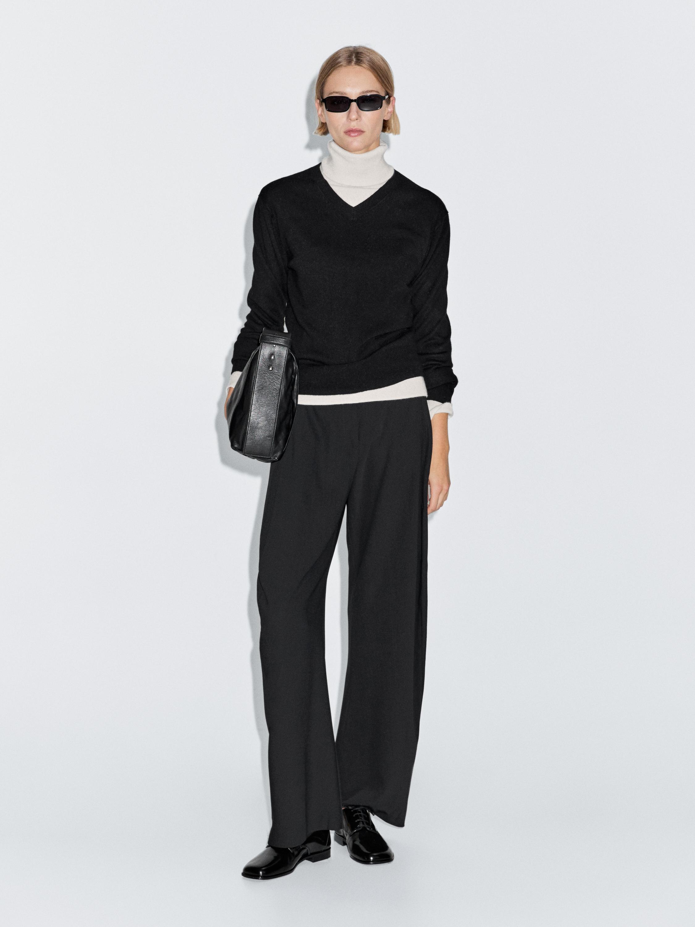 Wool blend knit V-neck sweater — BLACK