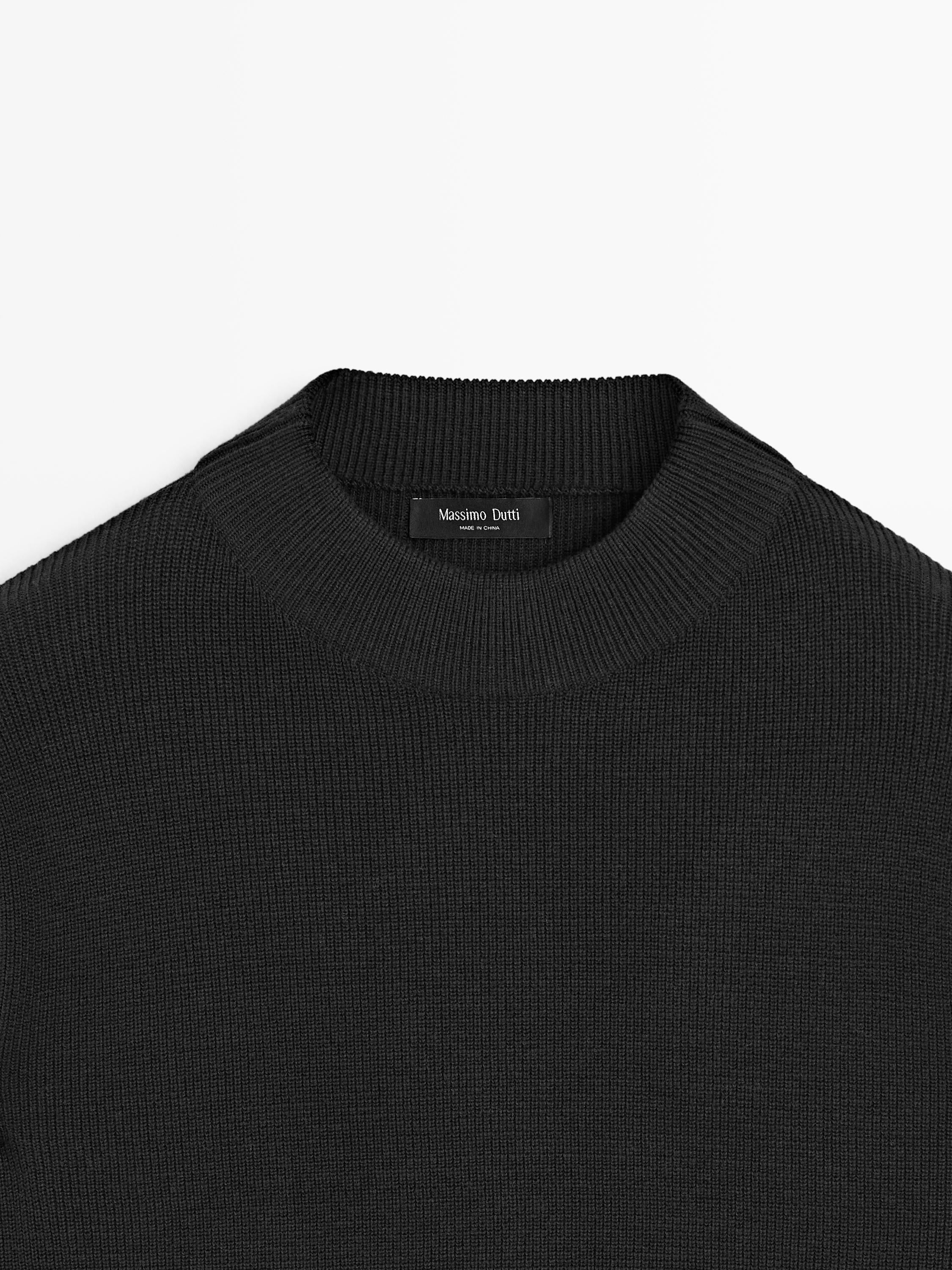 Cotton blend knit sweater with mock turtleneck — BLACK